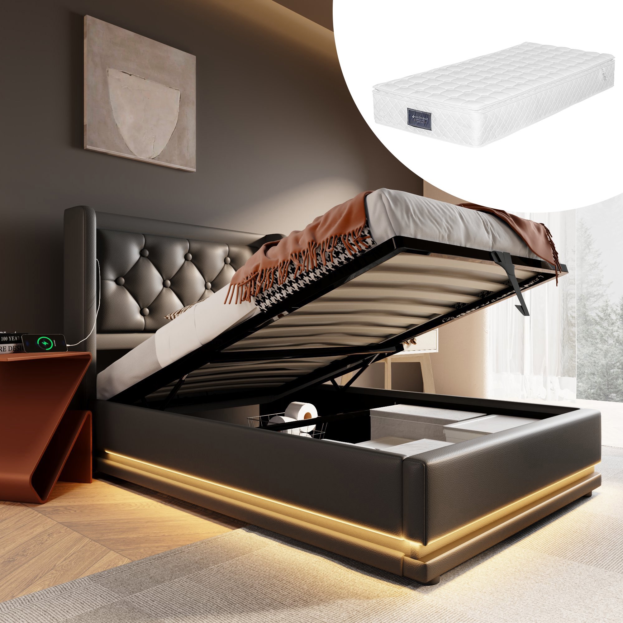 lit coffre 90x200 structure métallique revêtement PU noir, tête de lit rembourrée, LED intégrée et sommier à lattes