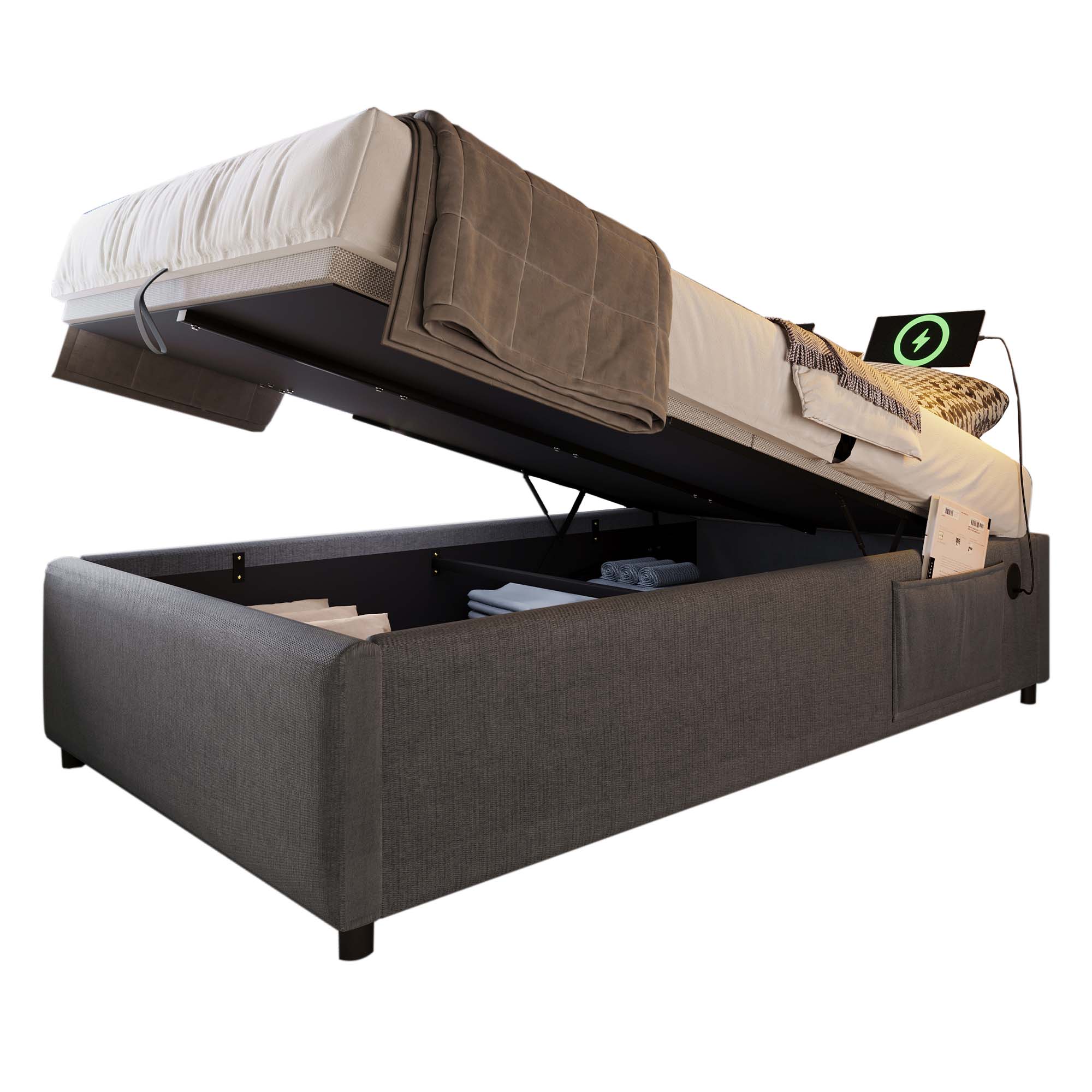 Lit coffre 90x200 avec LED et USB, sommier à lattes bois massif, rangement hydraulique gris, cadre de lit sans tête de lit