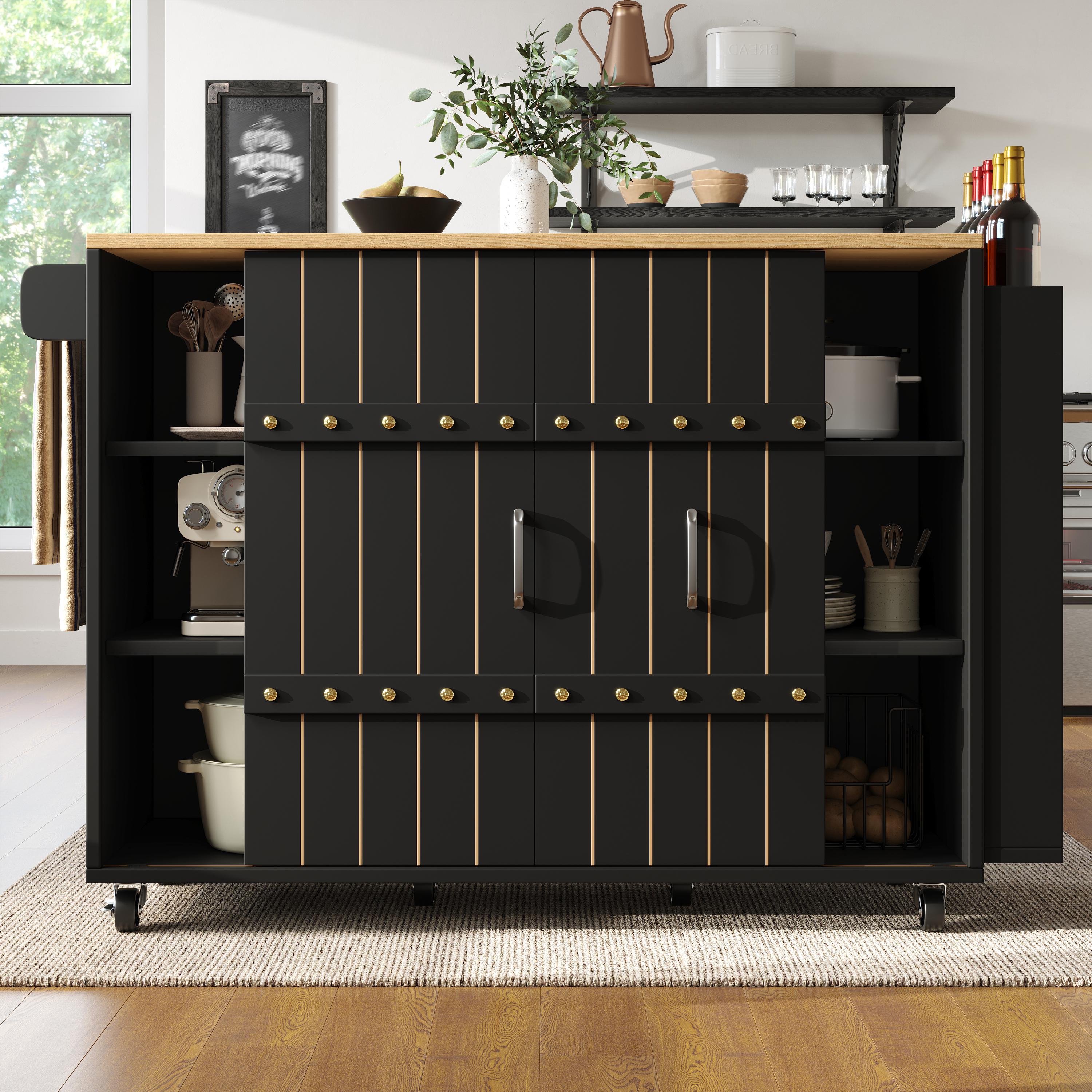 Îlot de cuisine sur roulettes avec plan de travail, rangement et porte-serviettes, noir, 110x42x90 cm