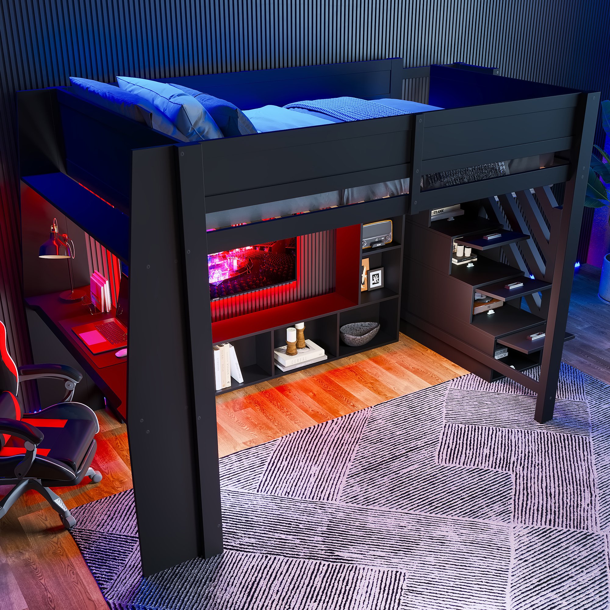 Lit mezzanine 140x200 avec bureau, rangements et LED, escalier avec rangement, noir