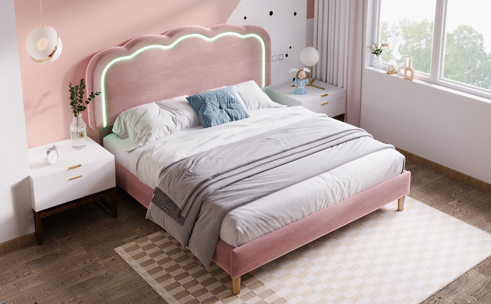 Lit double rembourré 140x200 en velours rose avec tête de lit LED réglable et sommier à lattes, style contemporain moderne