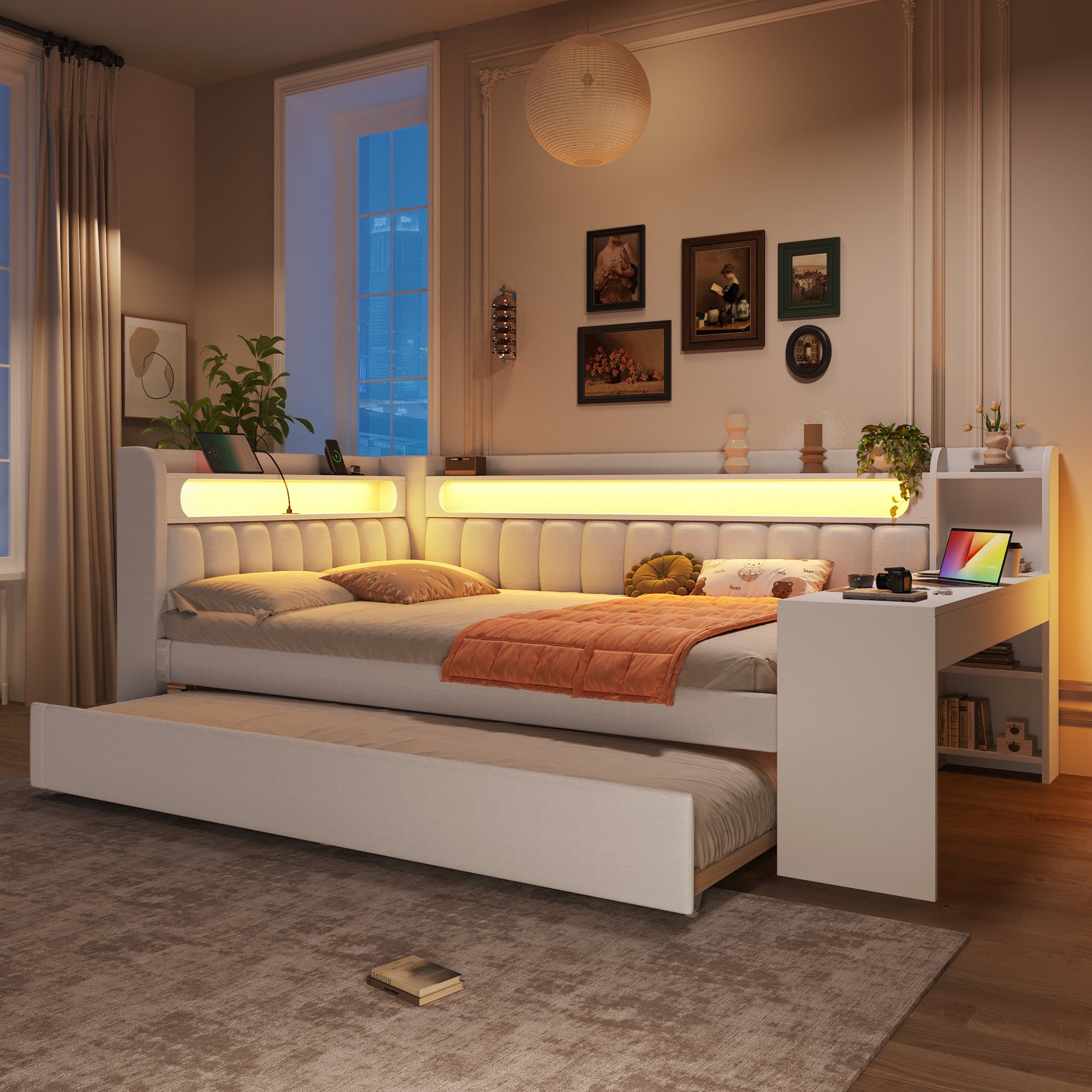 Lit gigogne avec tiroir 90x190, LED 7 couleurs et ports USB, couchage 140x200