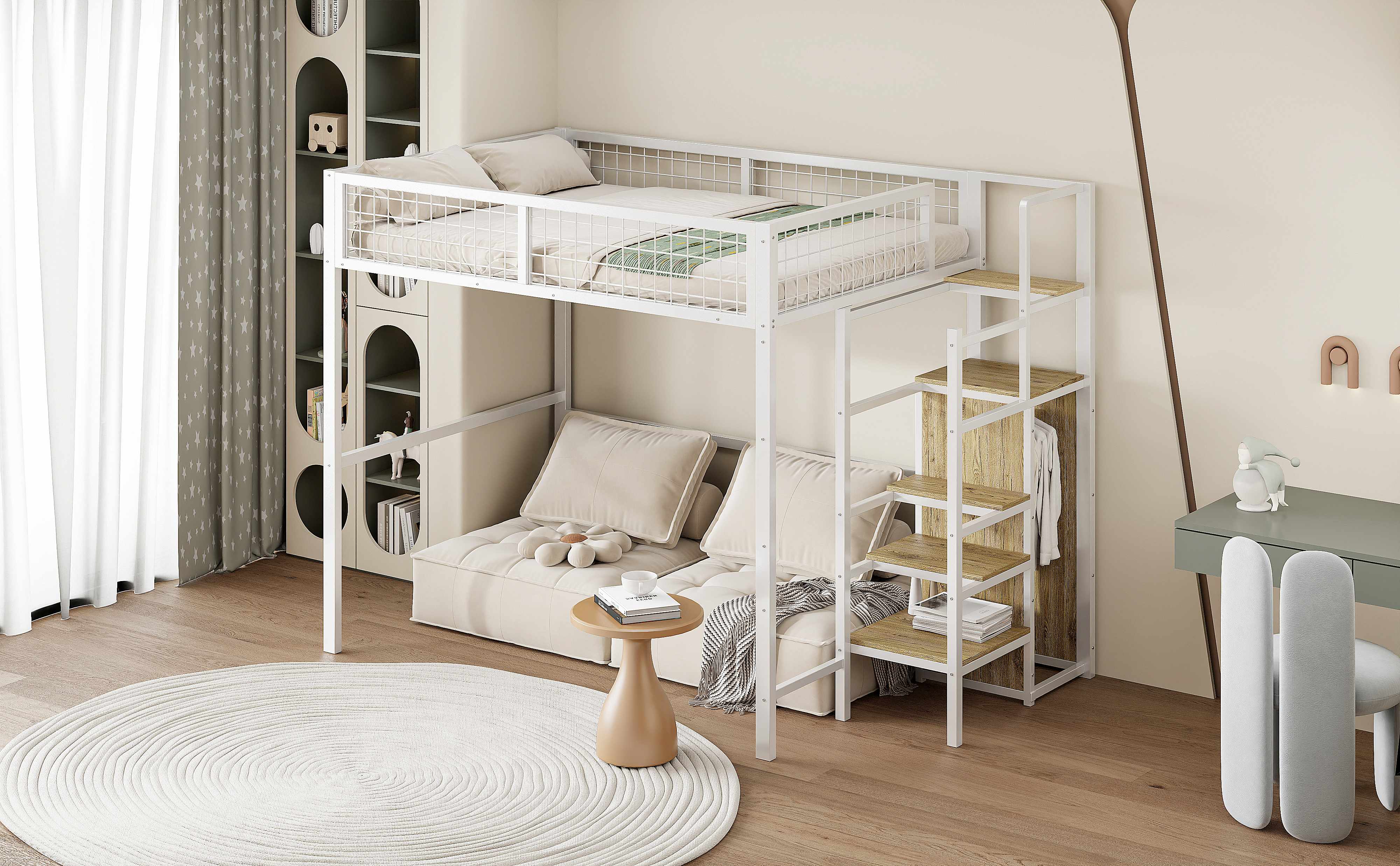 Lit mezzanine avec rangement et échelle de sécurité, lit enfant 140x200 avec armoire intégrée