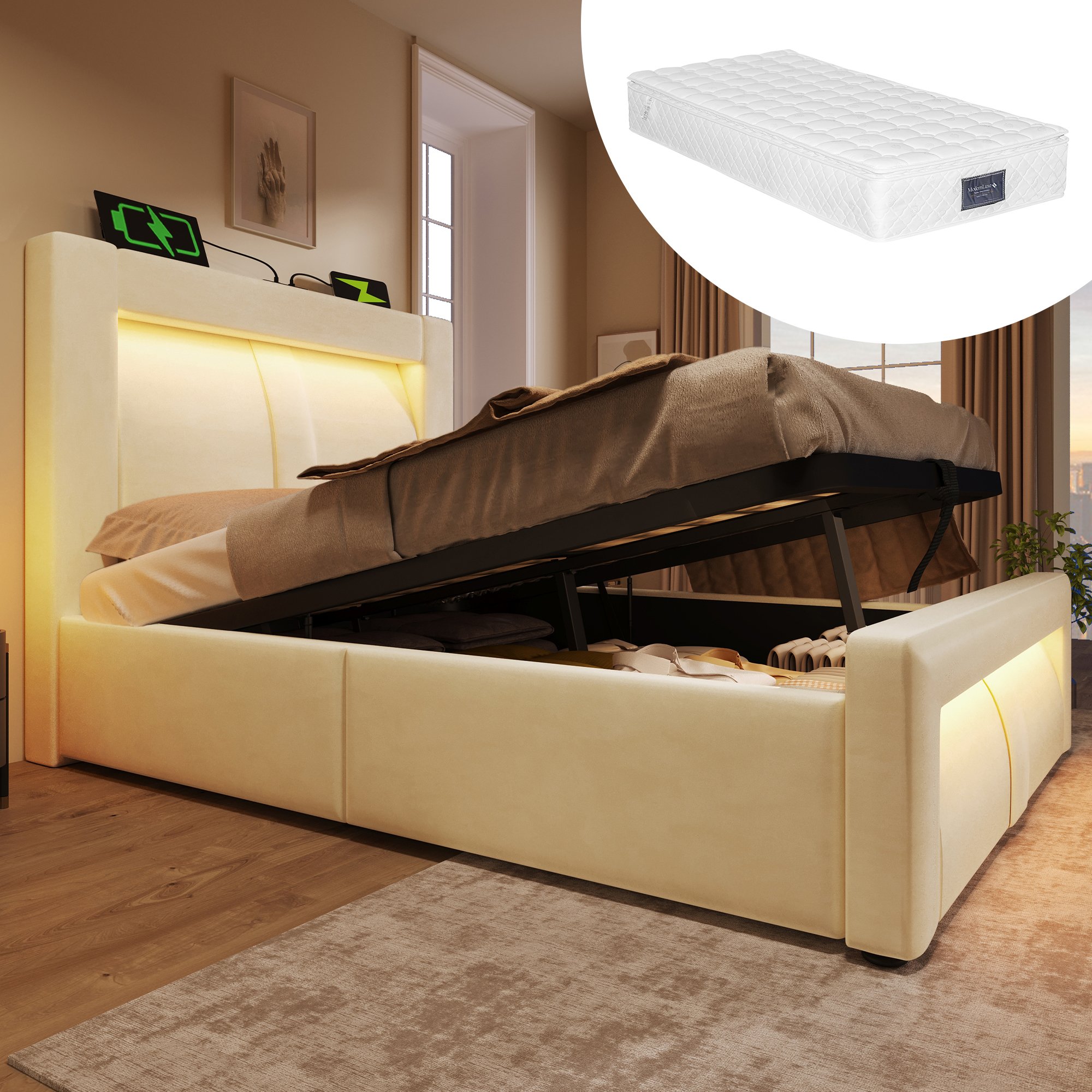 lit coffre 90x200 en velours beige avec rangement hydraulique, LED, ports USB Type-C et sommier à lattes
