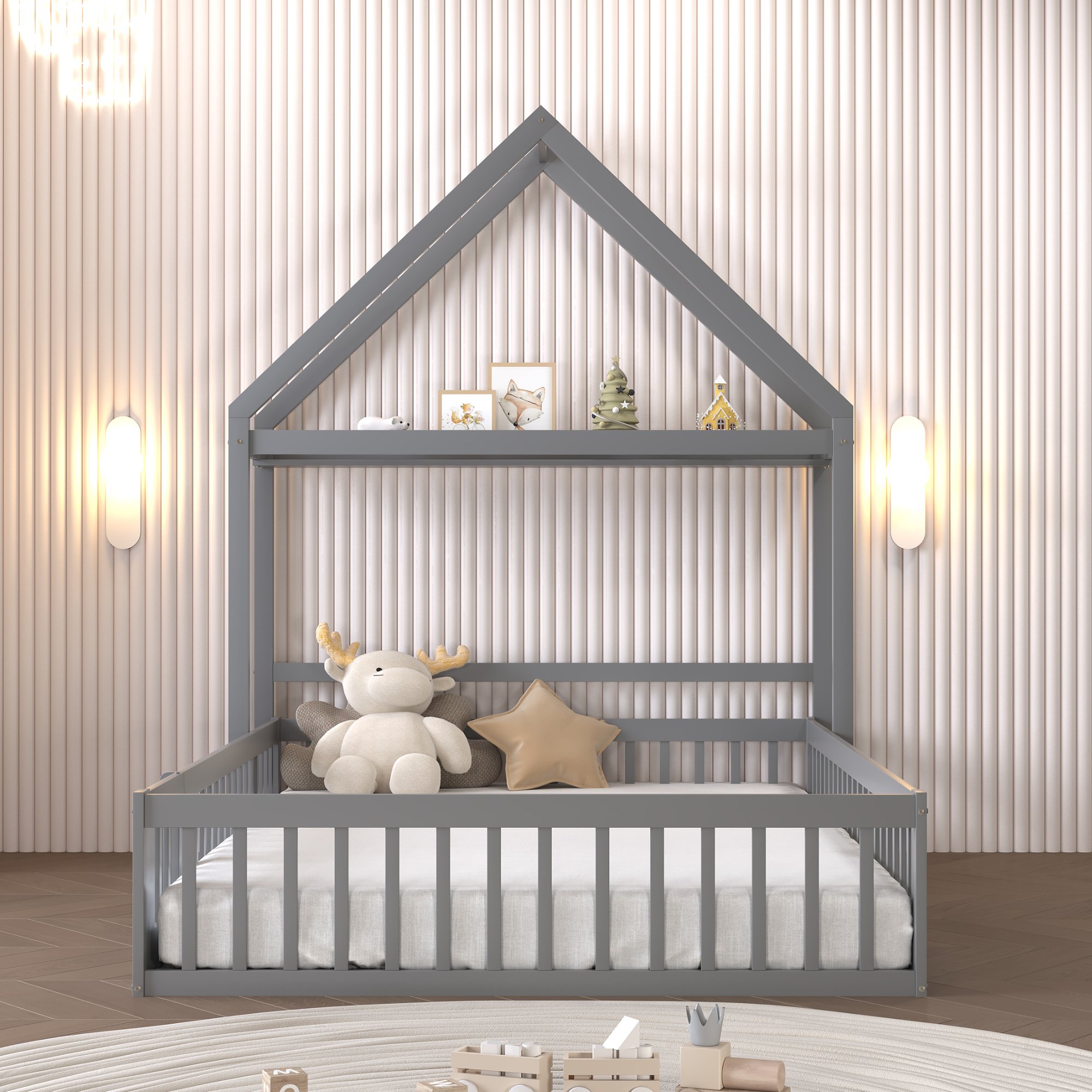 Lit enfant avec rangement, lit coffre 140x200 en bois massif, avec porte et barrière de sécurité, gris