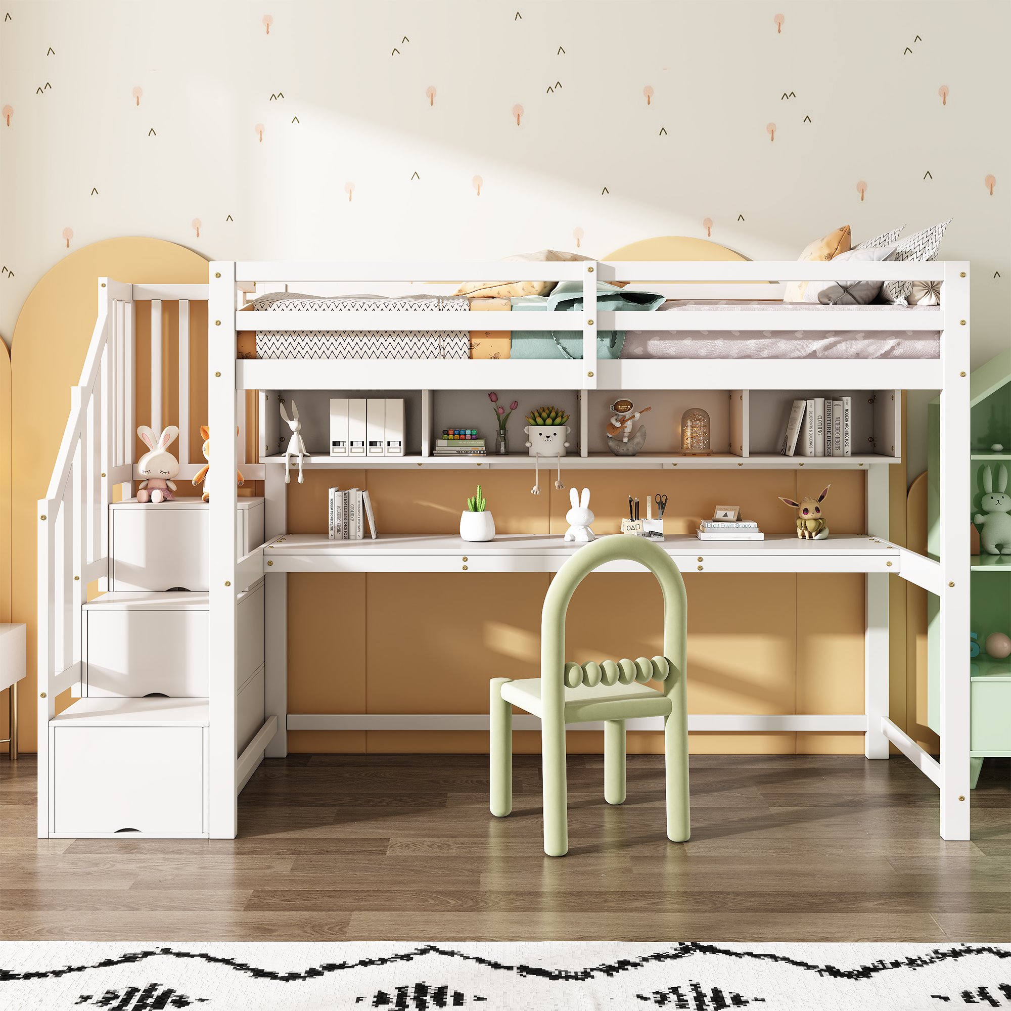 Lit superposé enfant en bois massif blanc, structure robuste avec bureau intégré et échelle de rangement sécurisée pour chambre