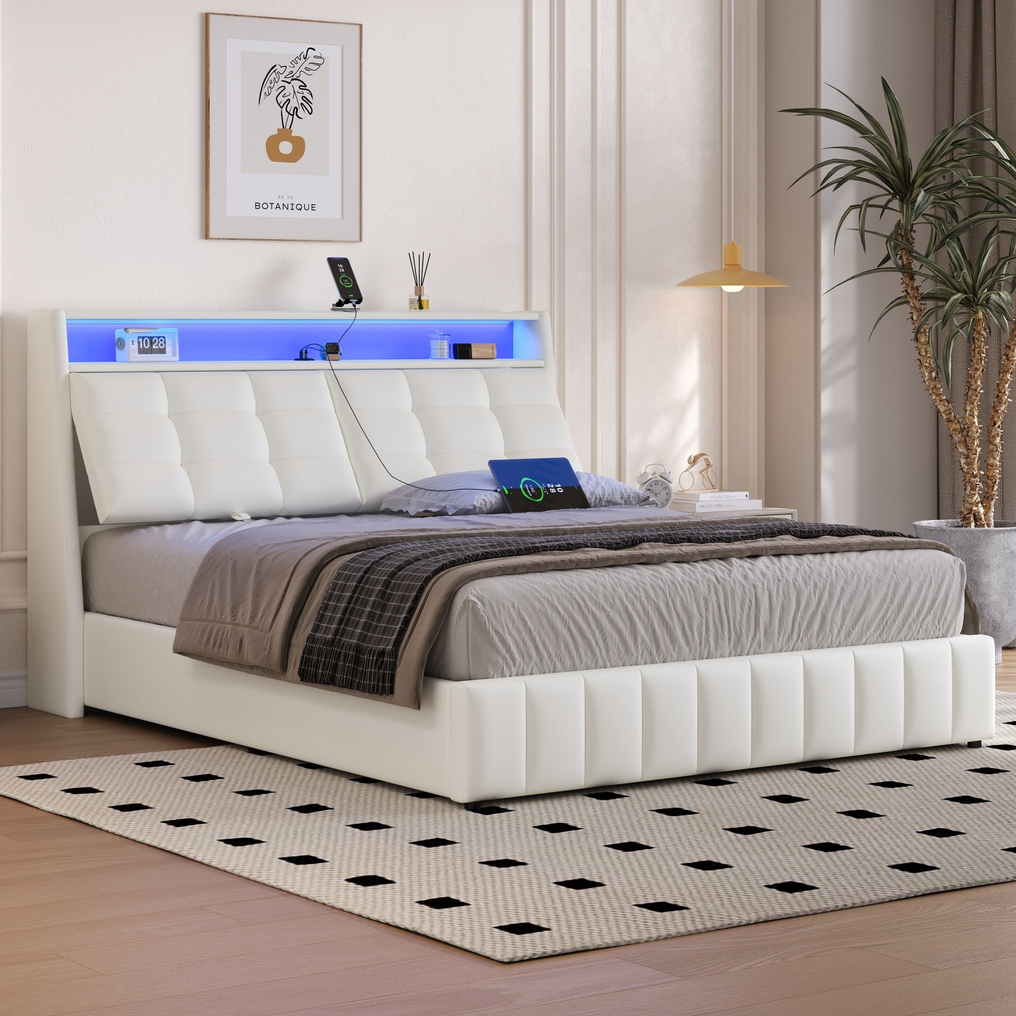 Lit coffre 160x200 rembourré blanc avec LED, USB et rangement intégré
