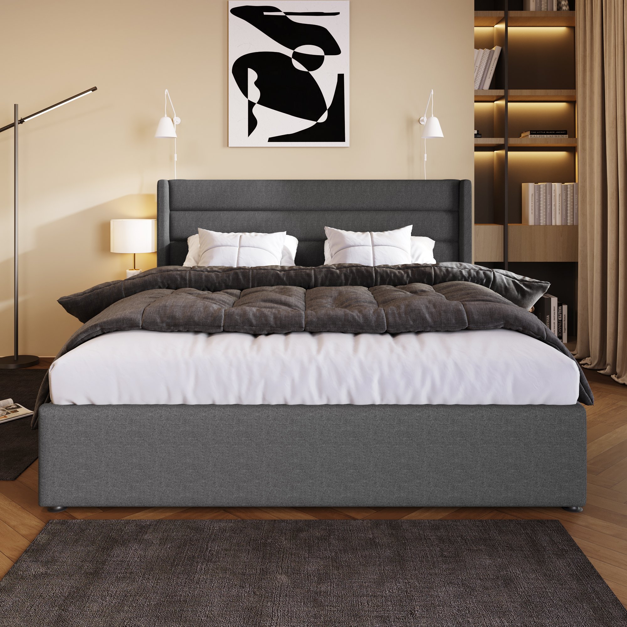 Lit coffre 140x200 cm avec matelas H25cm et sommier bois, capacité de charge 181kg, dimensions totales 214.5x153.5x114cm gris