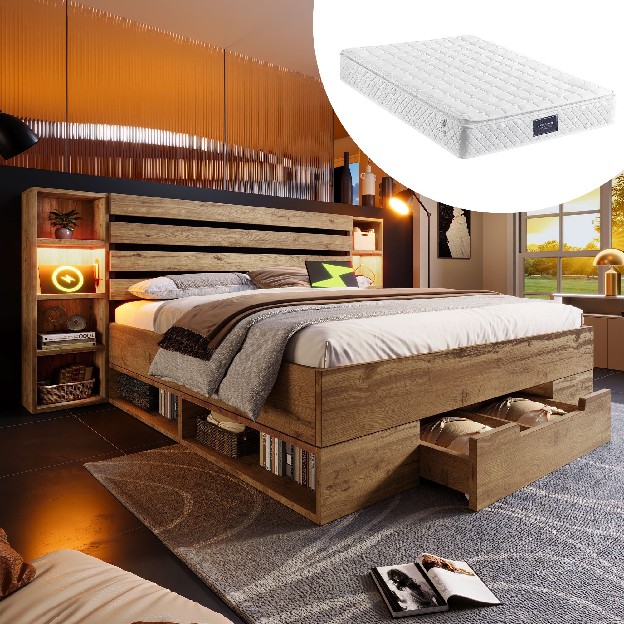 Lit coffre double 160x200 avec LED télécommande, USB Type-C, tiroirs rangement et sommier à lattes bois massif chêne
