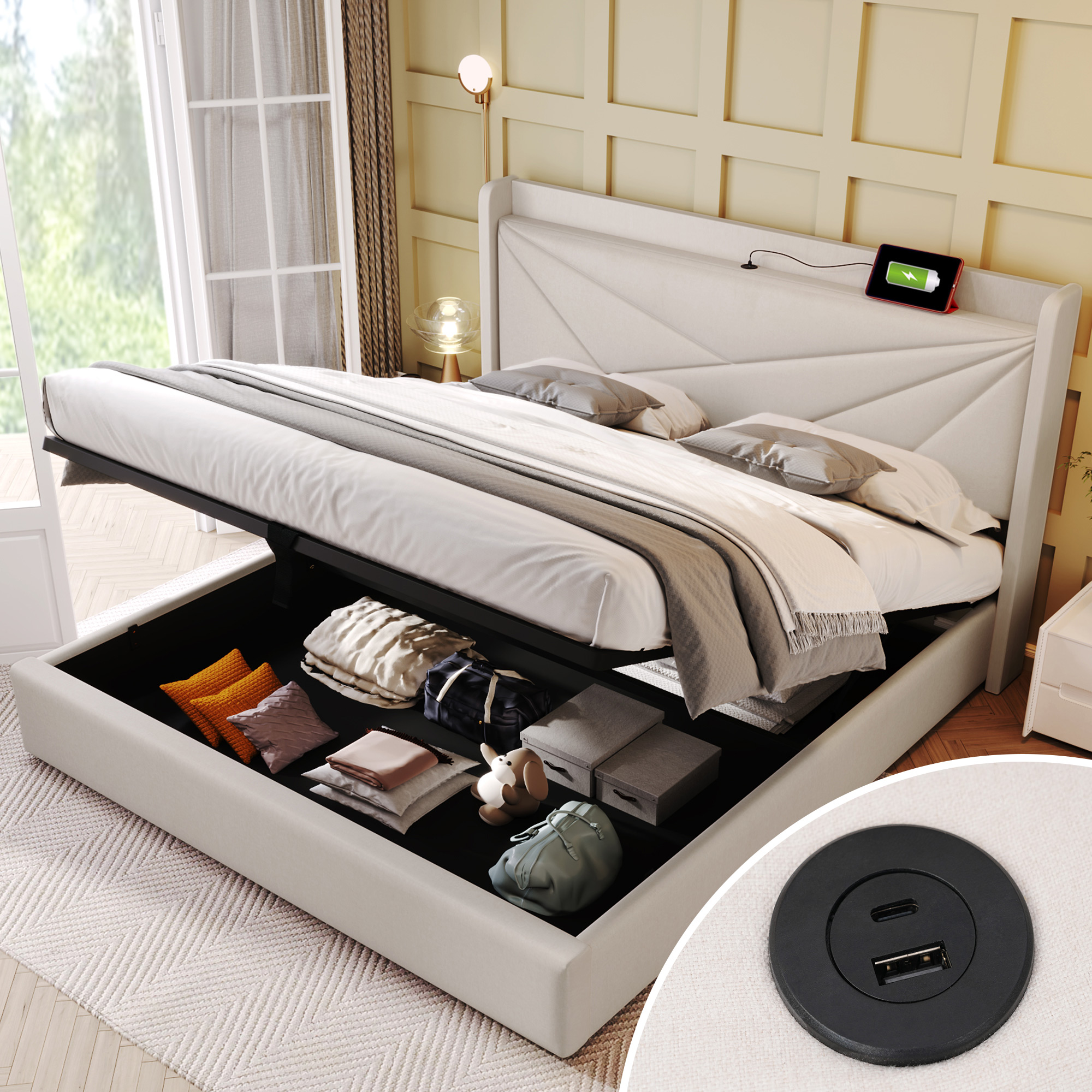 lit coffre double 160x200 beige en tissu lin avec rangement sous le sommier, tête de lit rembourrée et ports USB Type-C
