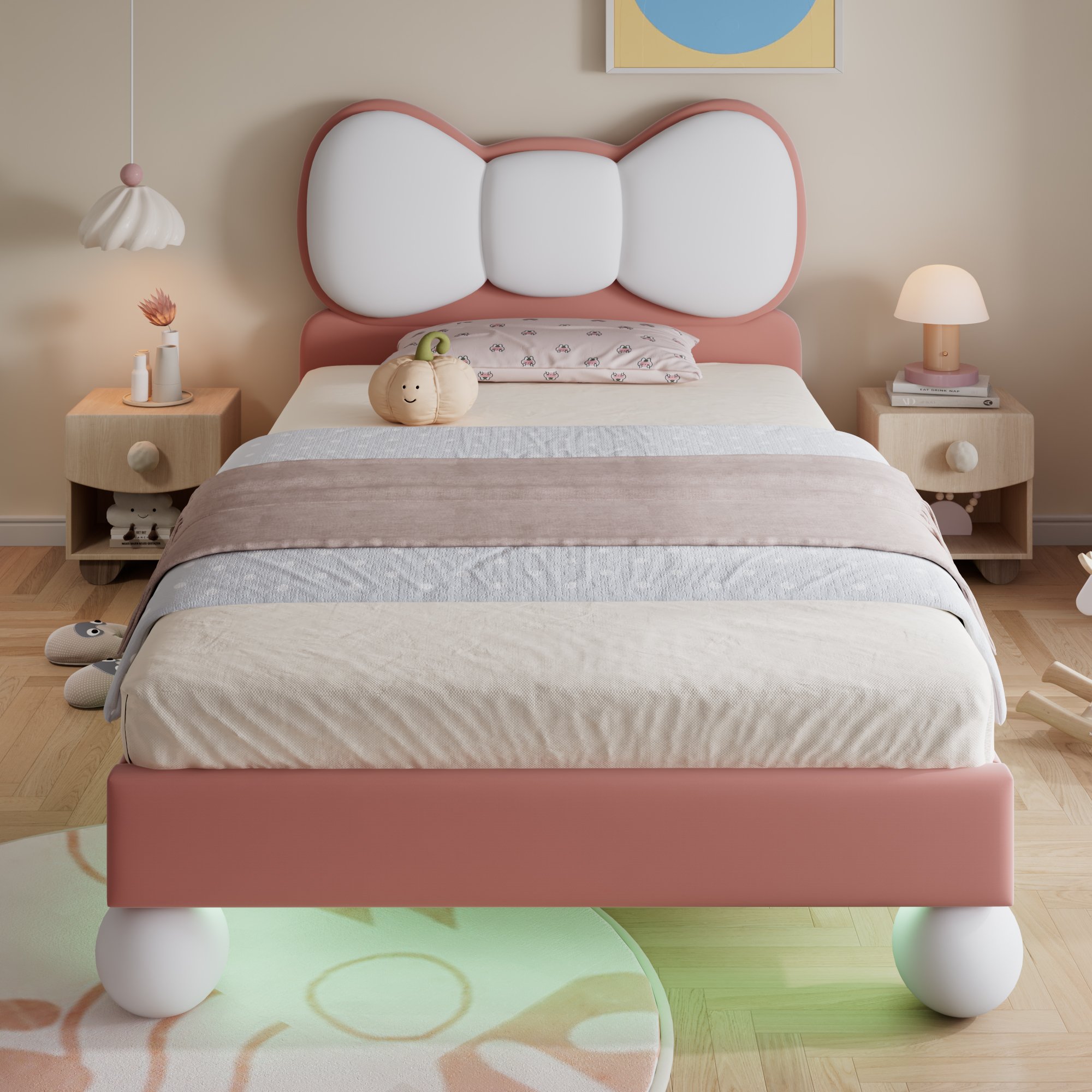 Lit enfant en velours beige et rose, structure en contreplaqué, 90x200, avec LED et sommier à lattes