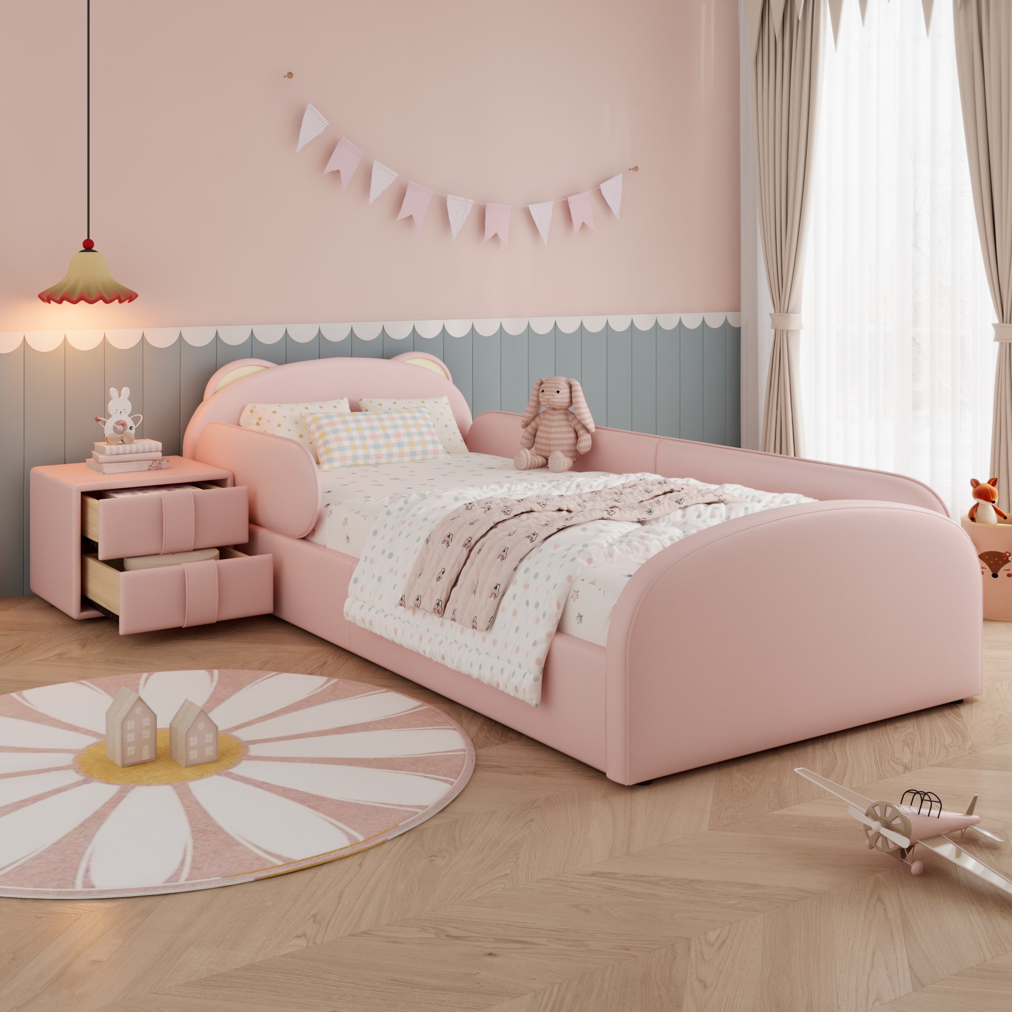 Lit enfant avec tête d'ours et protection anti-chocs, 90x200, rose, avec table de chevet