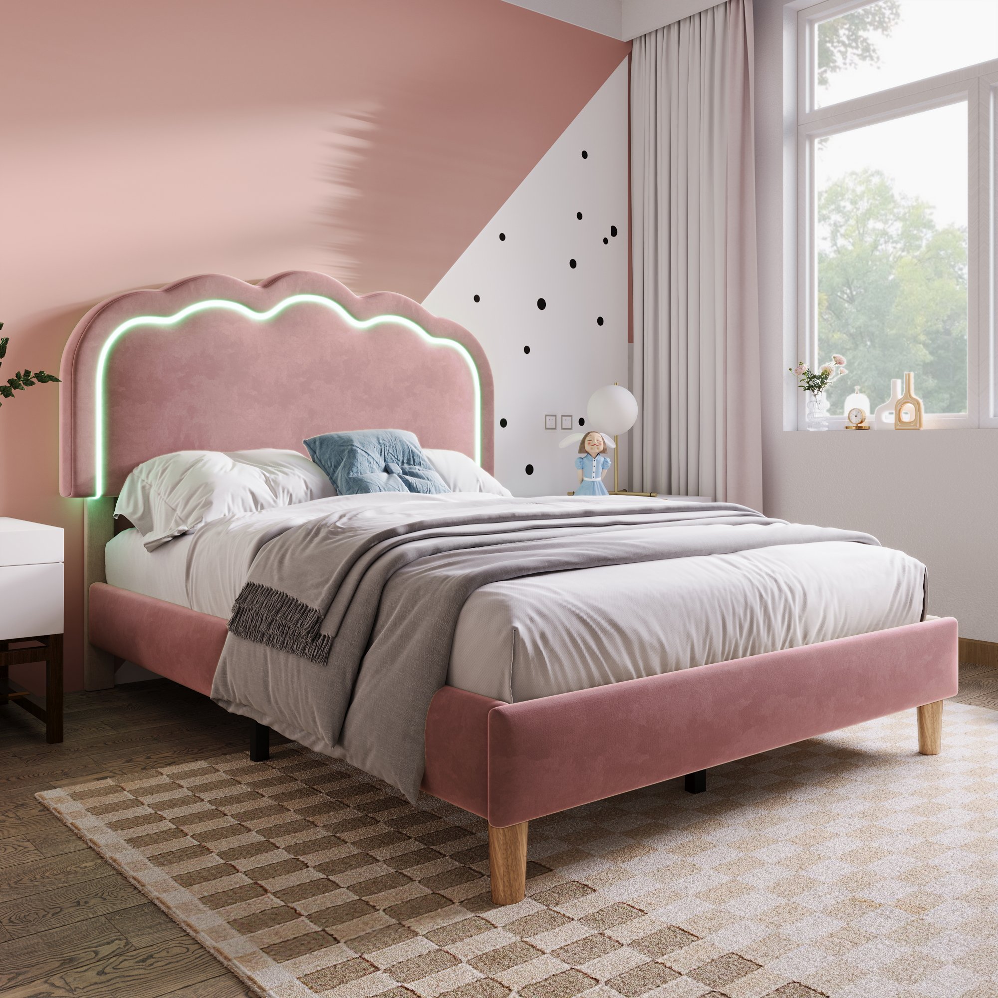 Lit 90x190 avec tête de lit LED musicale et réglable, cadre de lit rembourré en velours rose pour ambiance cosy et design