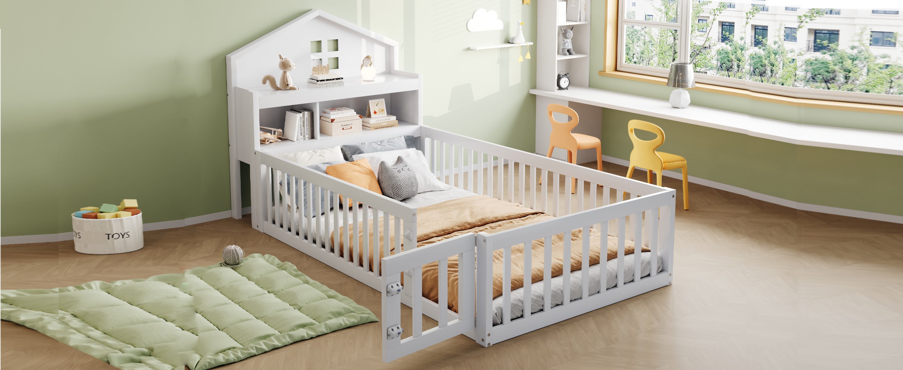 Lit enfant en bois massif avec structure maison, rangements et sommier à lattes, 90x200
