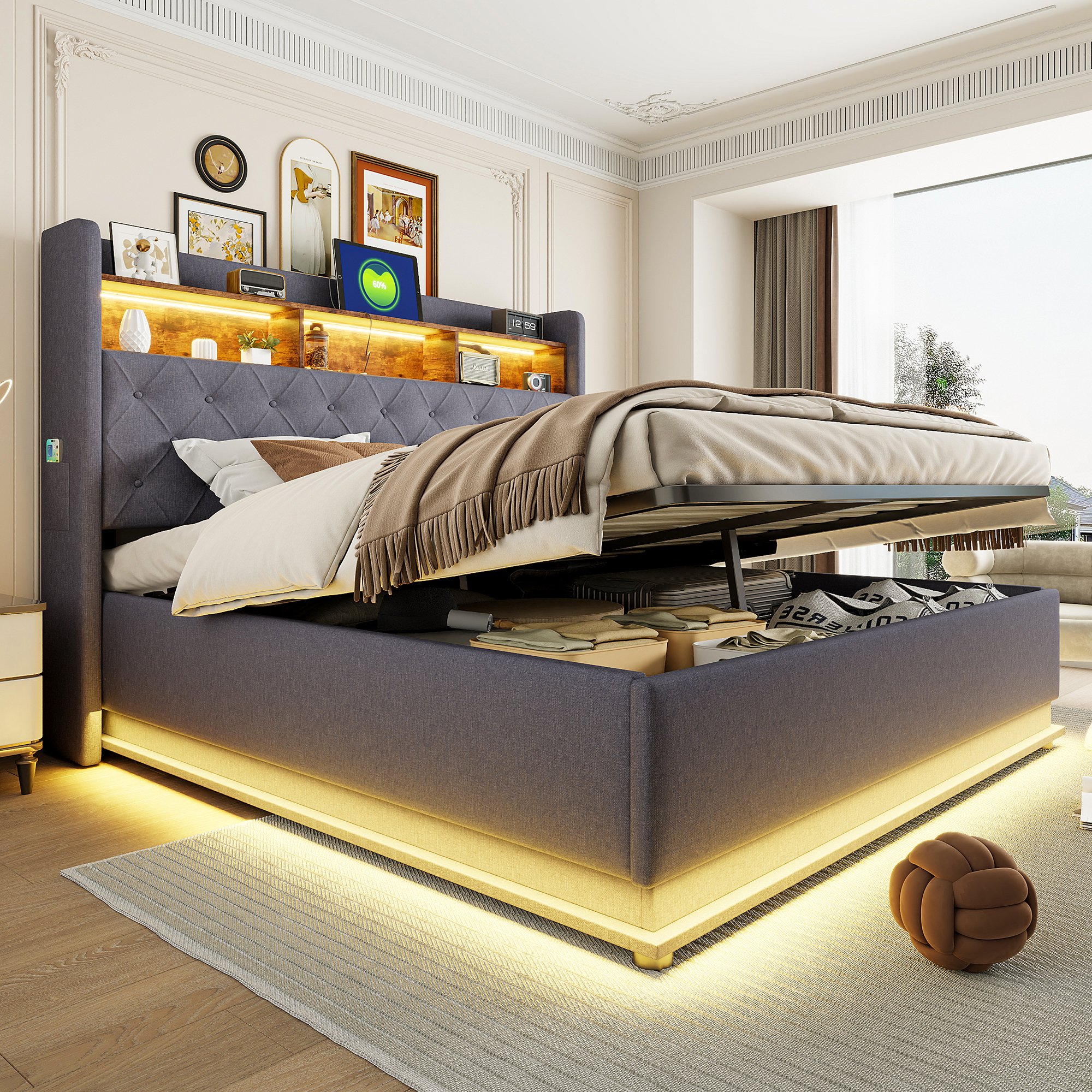 Lit coffre 180x200 pour 2 personnes, avec rangement hydraulique et LED, gris