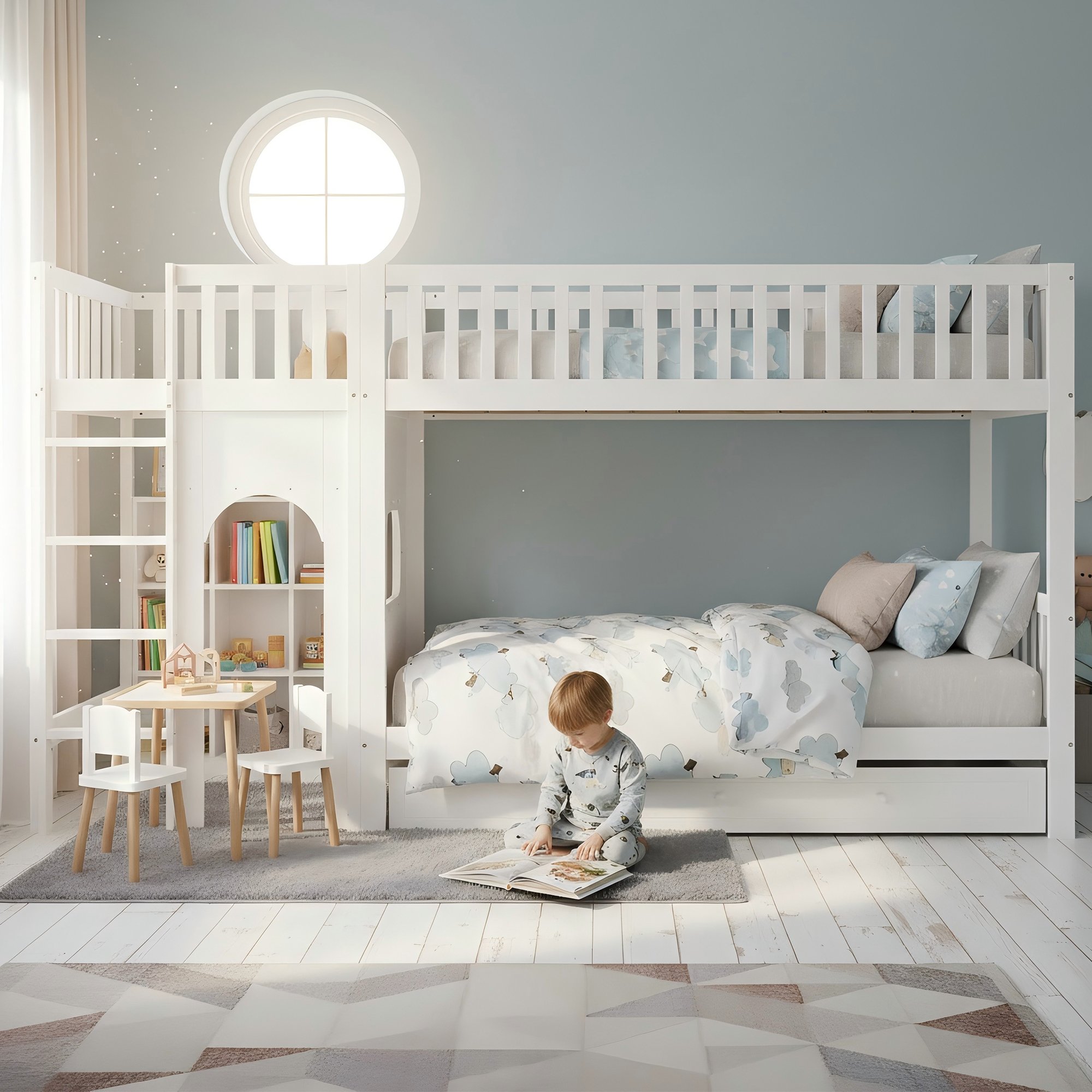 Lit superposé 90x200 pour enfant, 4 places, avec échelle droite et garde-corps, blanc