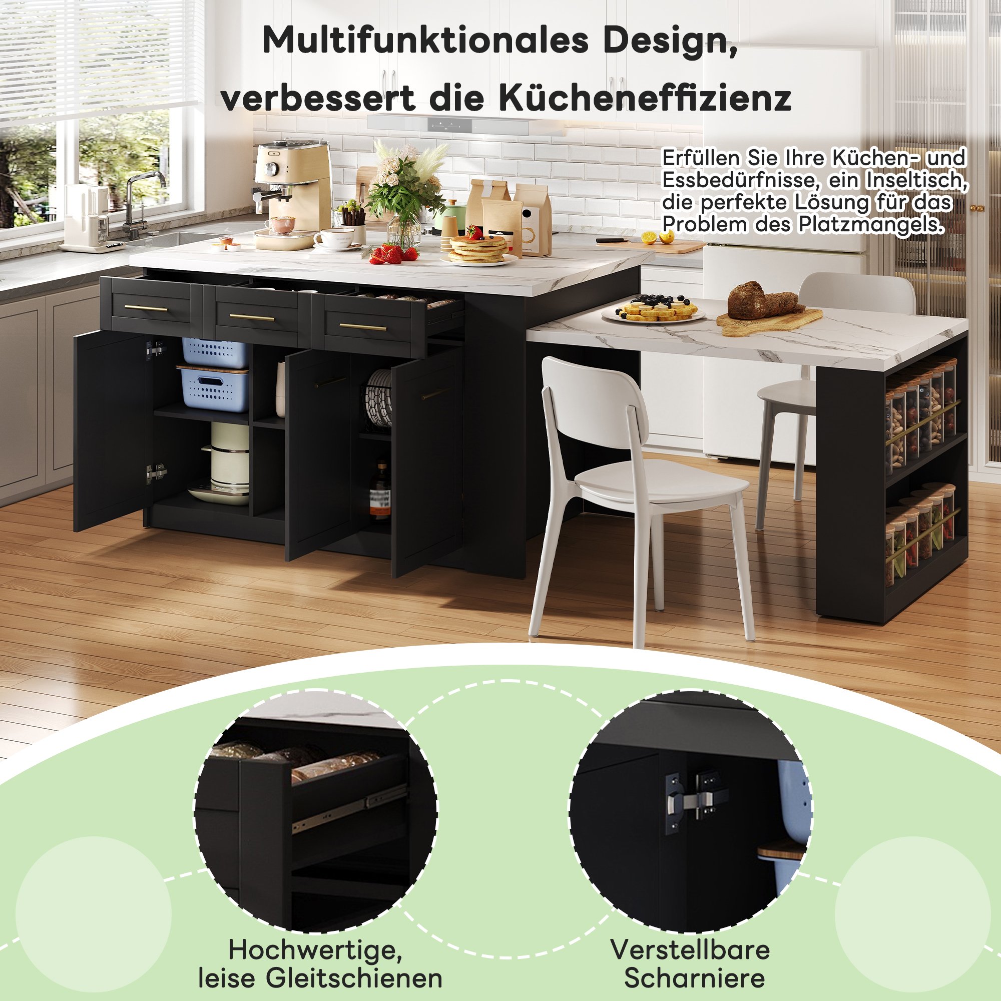 Îlot de cuisine avec table extensible, blanc et noir, plan de travail marbré, rangements intégrés, 150x90x90 cm