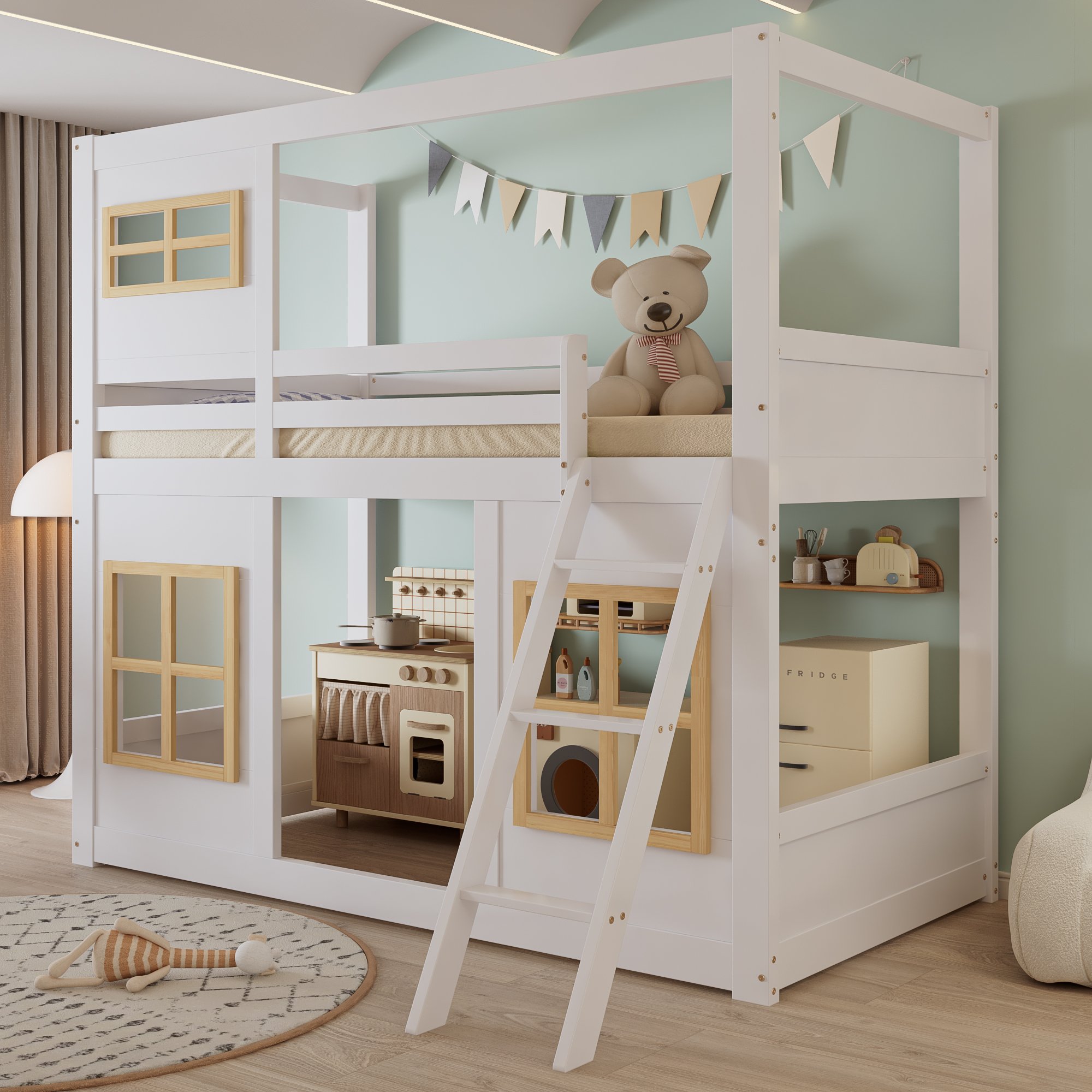 Lit superposé enfant 90x200 avec fenêtres, échelle et barrières de sécurité en pin blanc et naturel