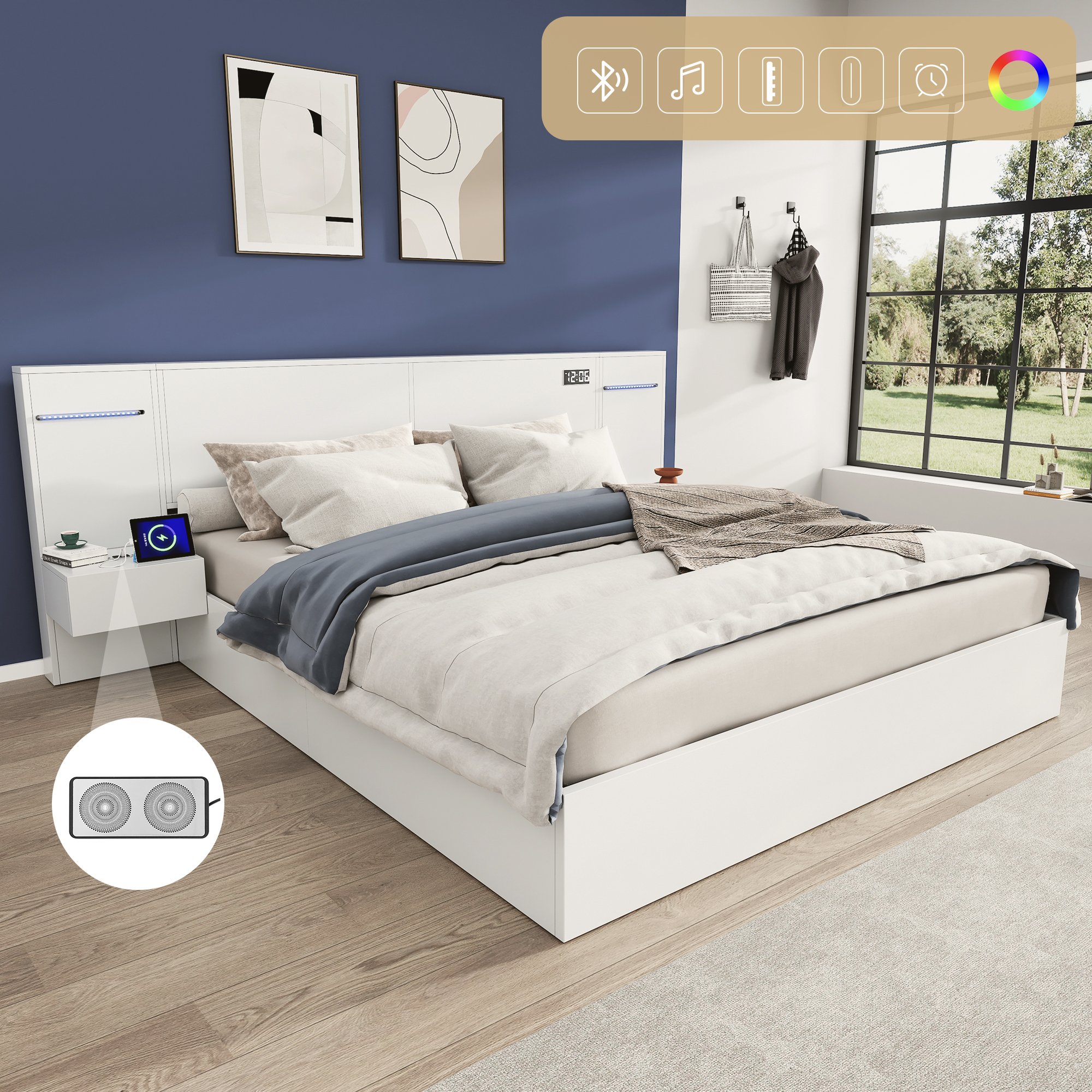Cadre de lit double 160x200 en Panneau composite de fibres de bois à densité blanc avec sommier à lattes, tables de chevet fixes et éclairage LED intégré, sans tiroirs