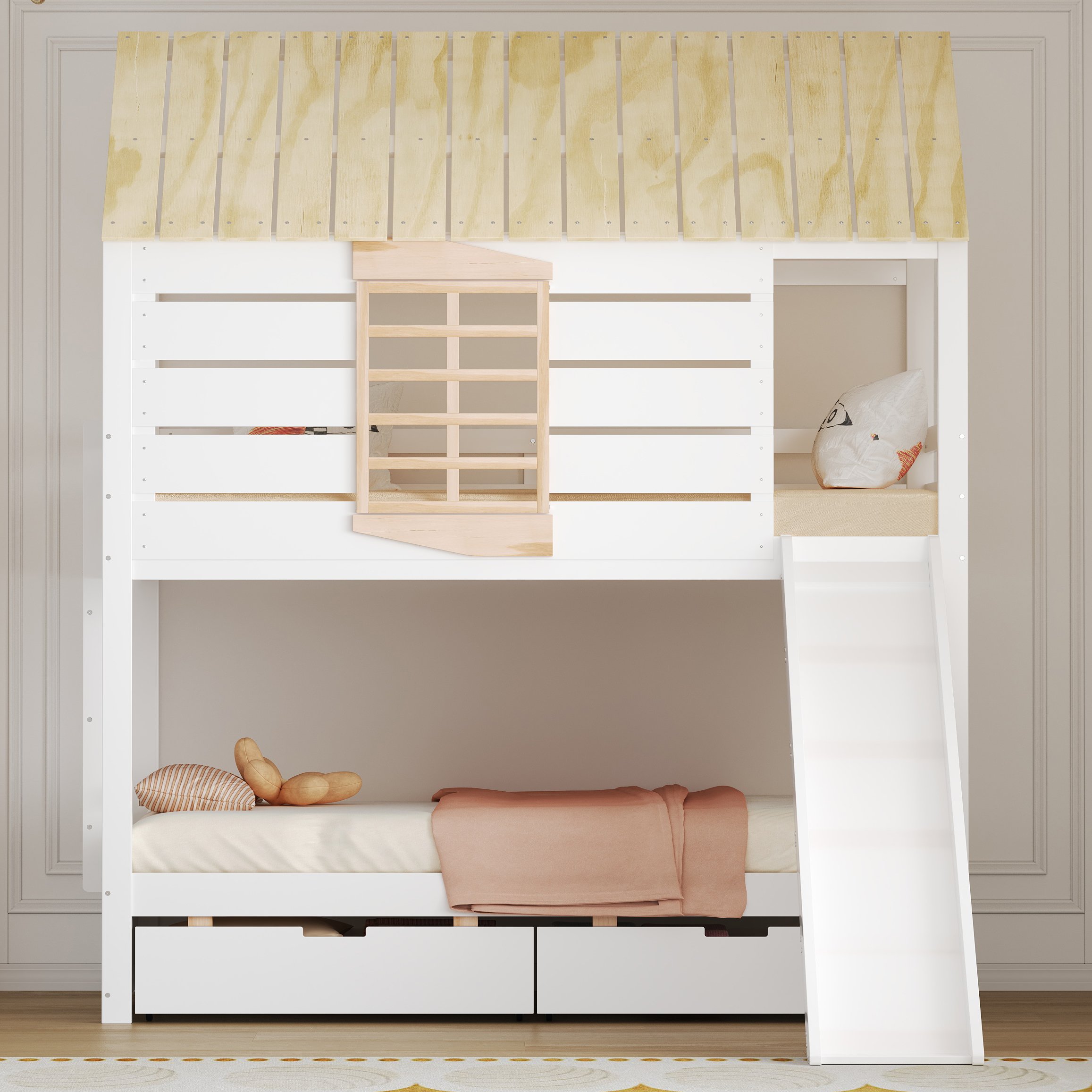 Lit superposé 90x200 blanc et naturel avec toboggan et 2 tiroirs