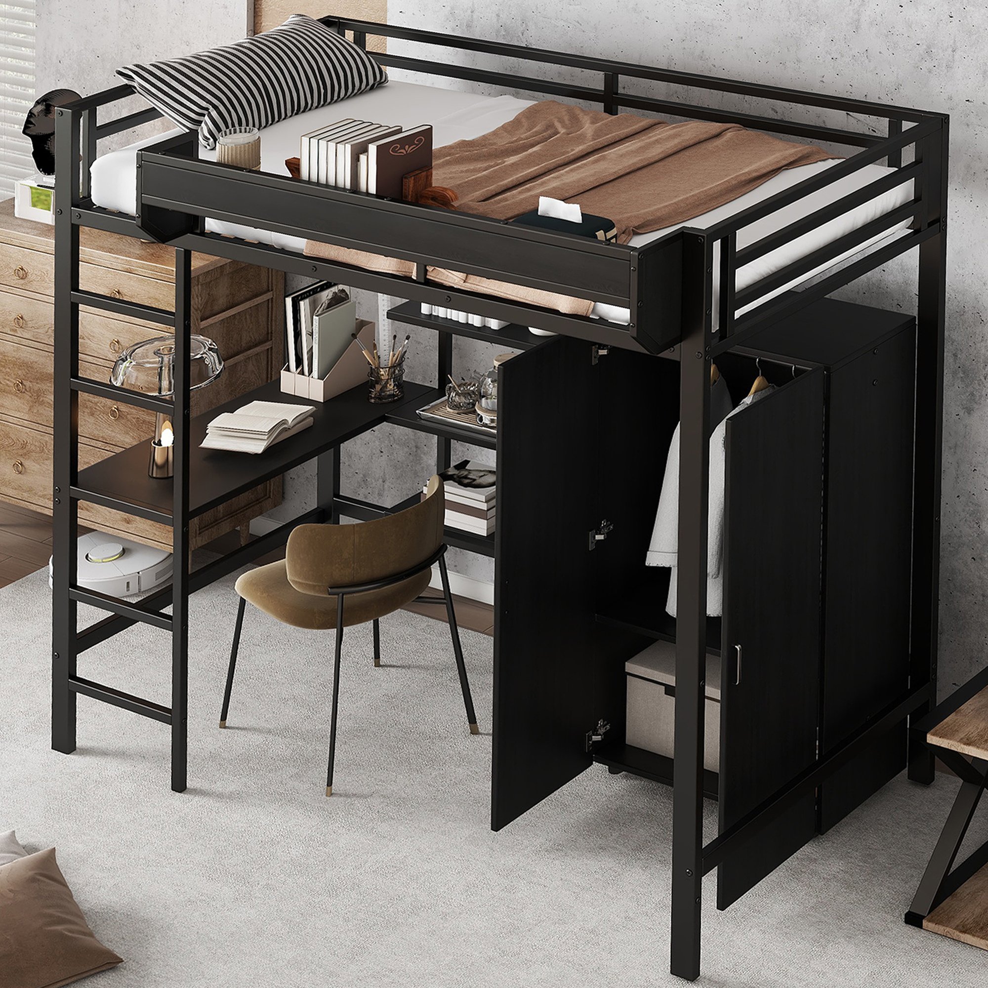 Lit superposé 90x200 avec bureau, armoire et rangements, échelle 5 marches, pour enfant