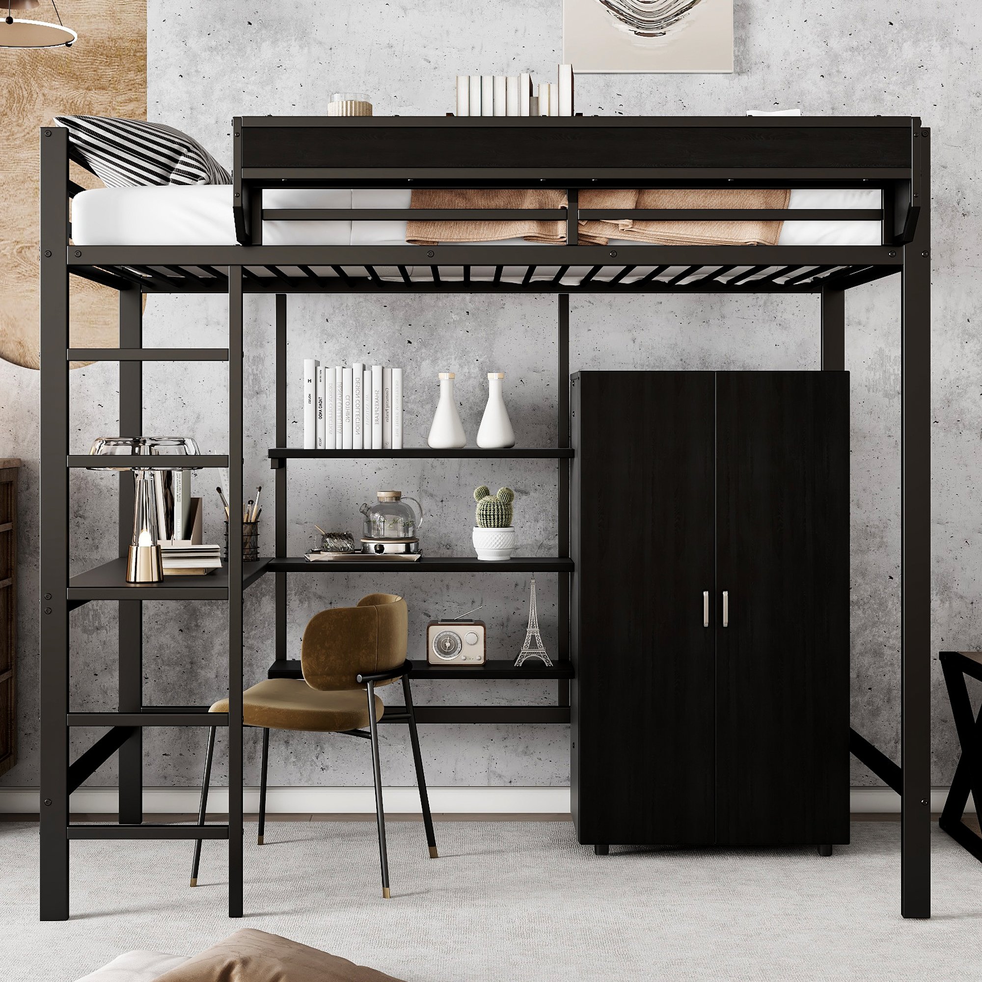Lit superposé 90x200 avec bureau, armoire et rangements, échelle 5 marches, pour enfant