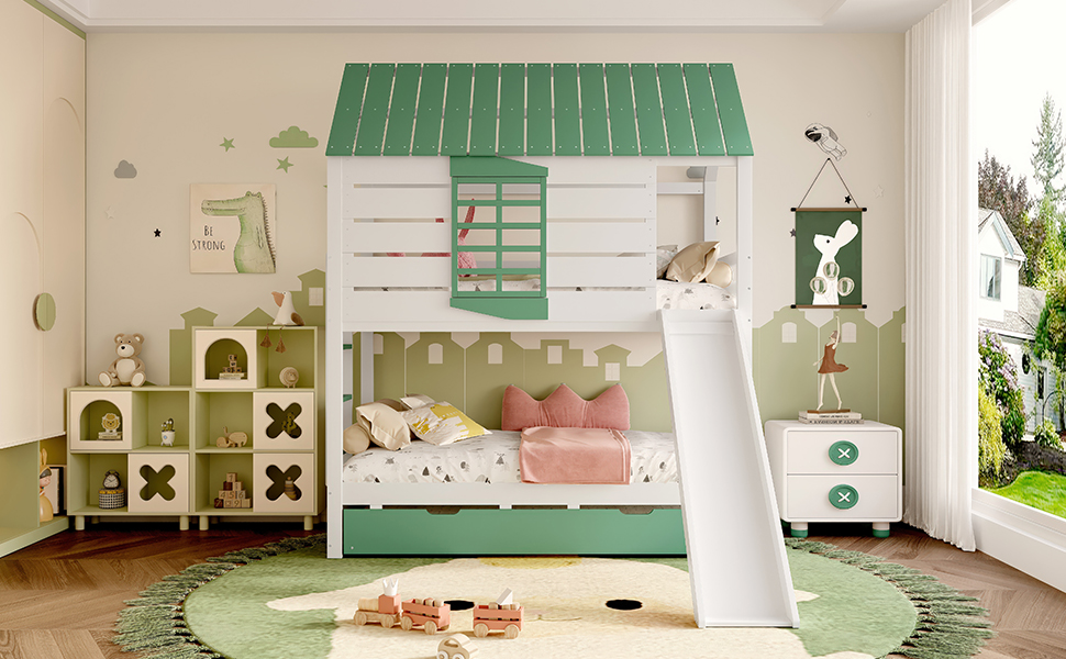 Lit superposé 90x200 avec toboggan et lit tirant, forme de maison, blanc et vert