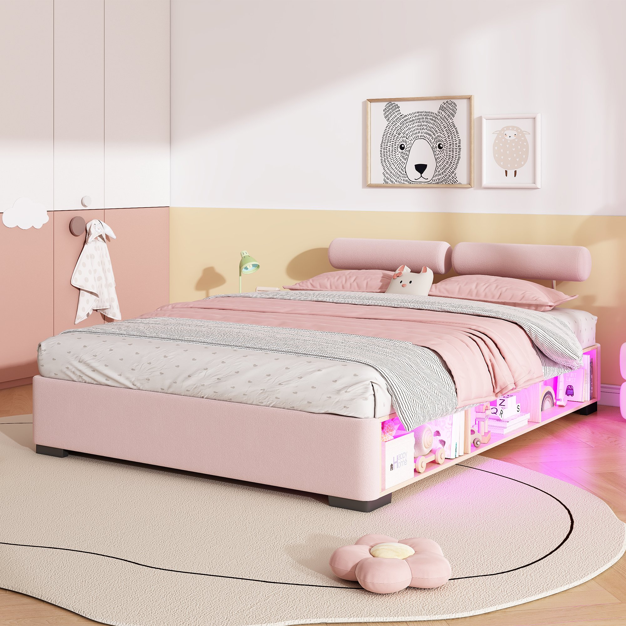 Lit coffre enfant 140x200 en velours rose avec rangement latéral et LED