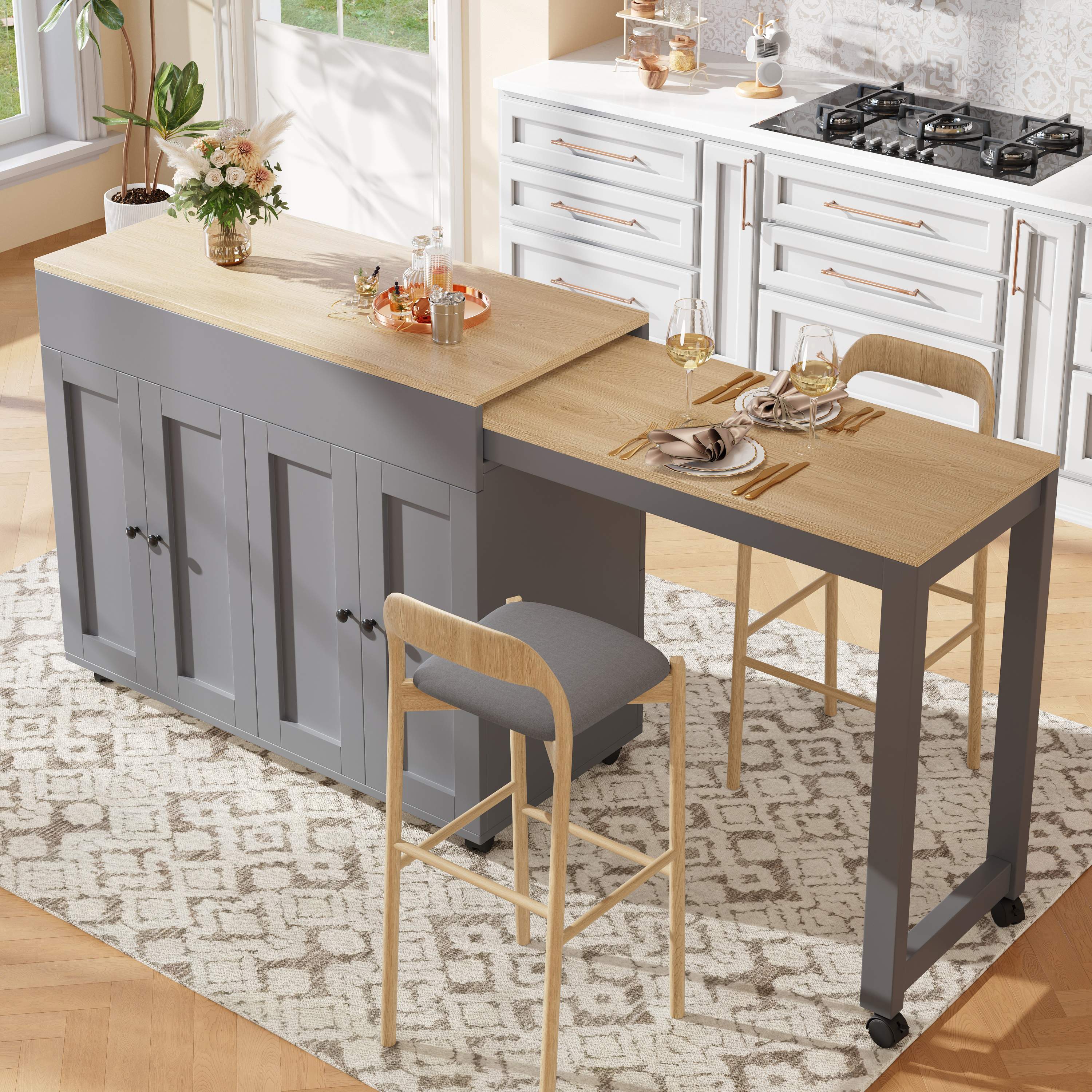 Îlot de cuisine avec rangement et table extensible, table de bar grise en Panneau composite de fibres de bois à densité, 6 étagères, pour petite cuisine et salle à manger