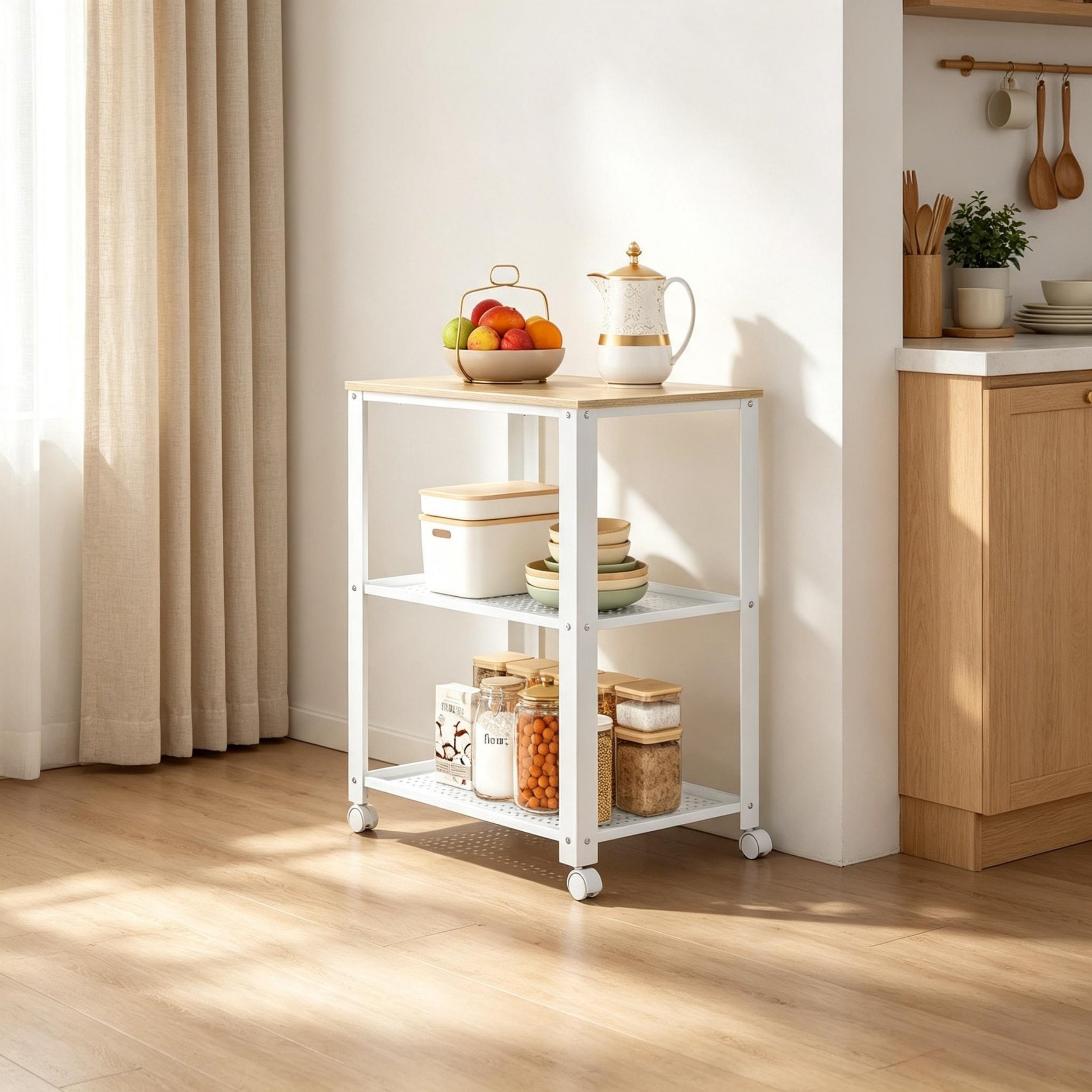 Chariot de cuisine roulant avec 4 roues pivotantes et freins, 3 étagères de rangement, idéal pour micro-ondes, 60x40x76 cm