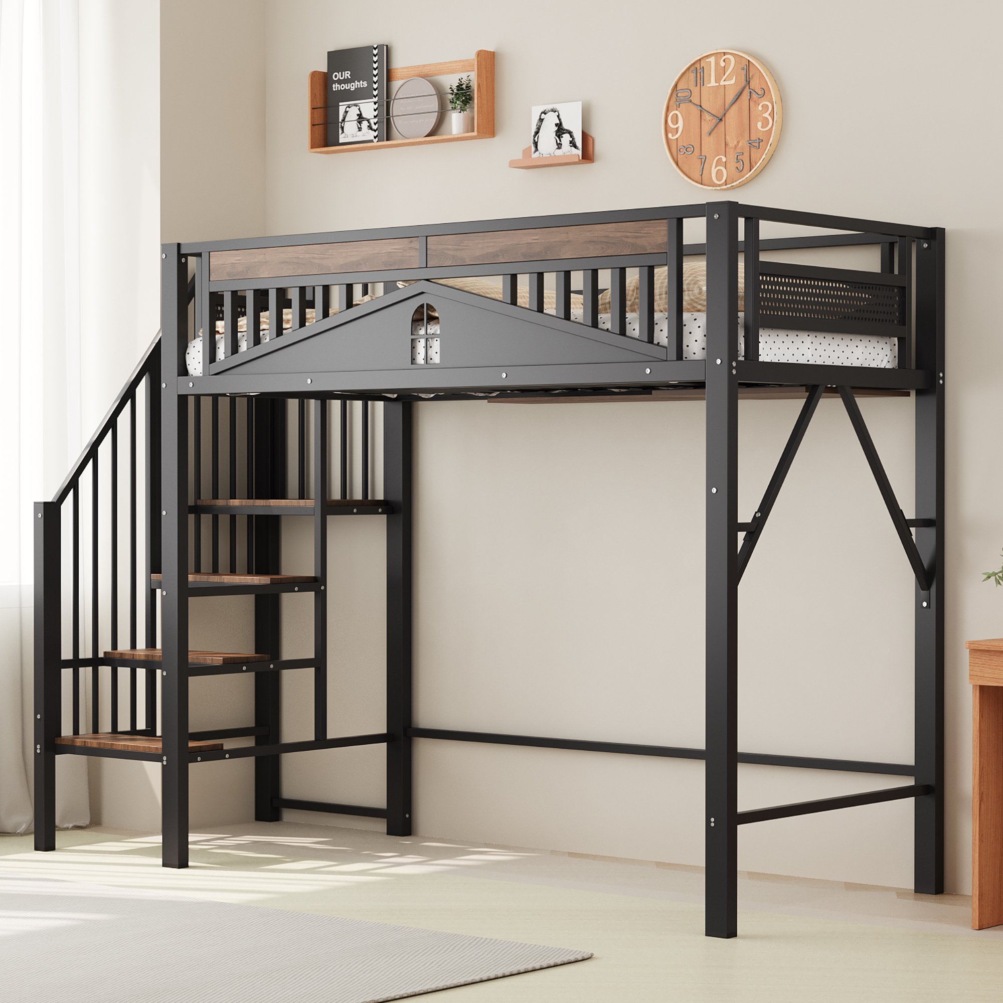 Lit mezzanine 90x200 cm en métal noir avec échelle de sécurité et rangement