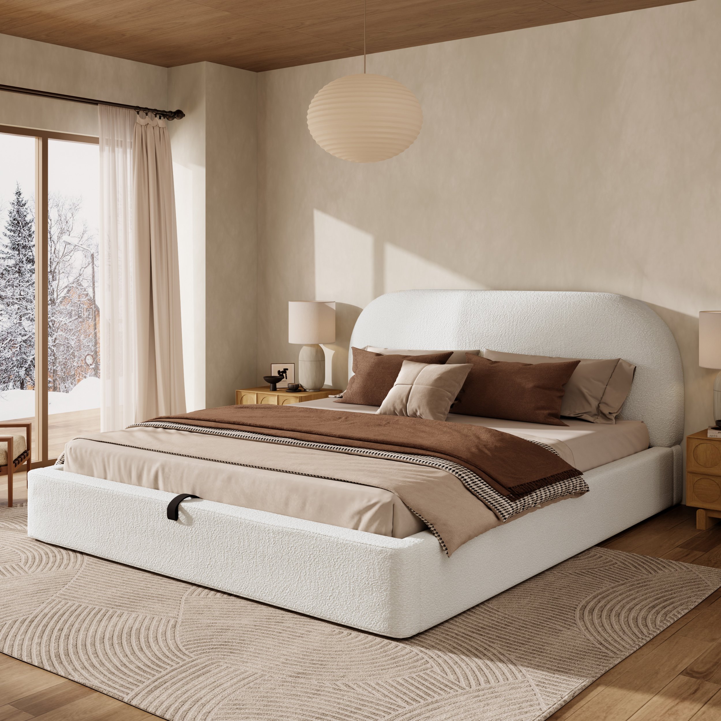 Lit coffre 180x200 bouclé beige avec tête de lit épaisse coins arrondis sécurité enfants et housse lavable entretien facile
