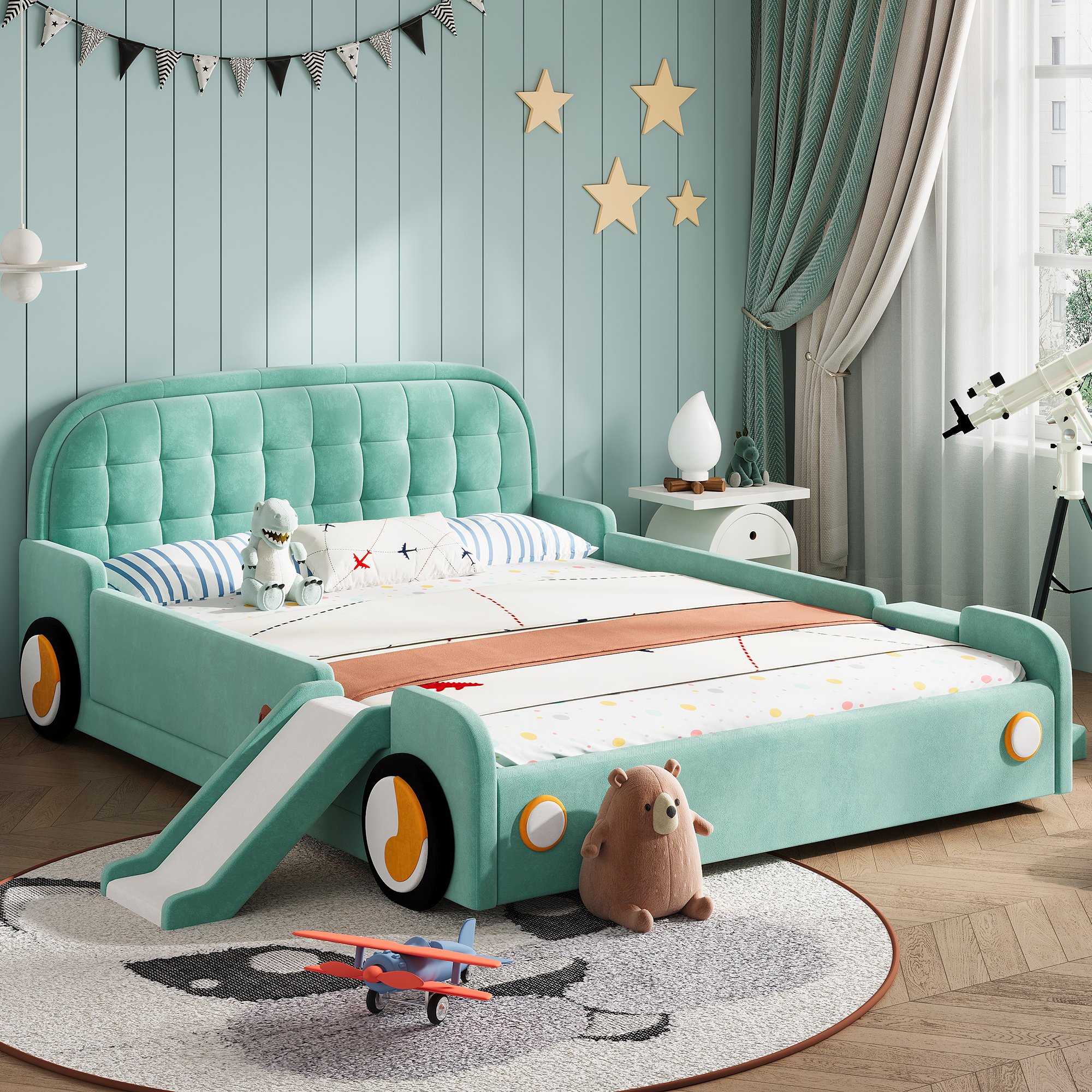 Lit enfant 140x200 en velours bleu-vert avec toboggan et escalier, montage à gauche ou à droite