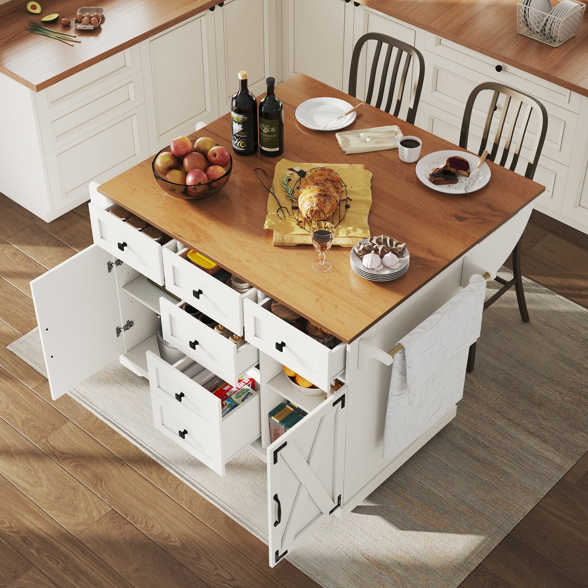 Îlot de cuisine multifonctionnel avec table escamotable et rangement, blanc, en Panneau composite de fibres de bois à densité et métal, dimensions 147x70x93 cm