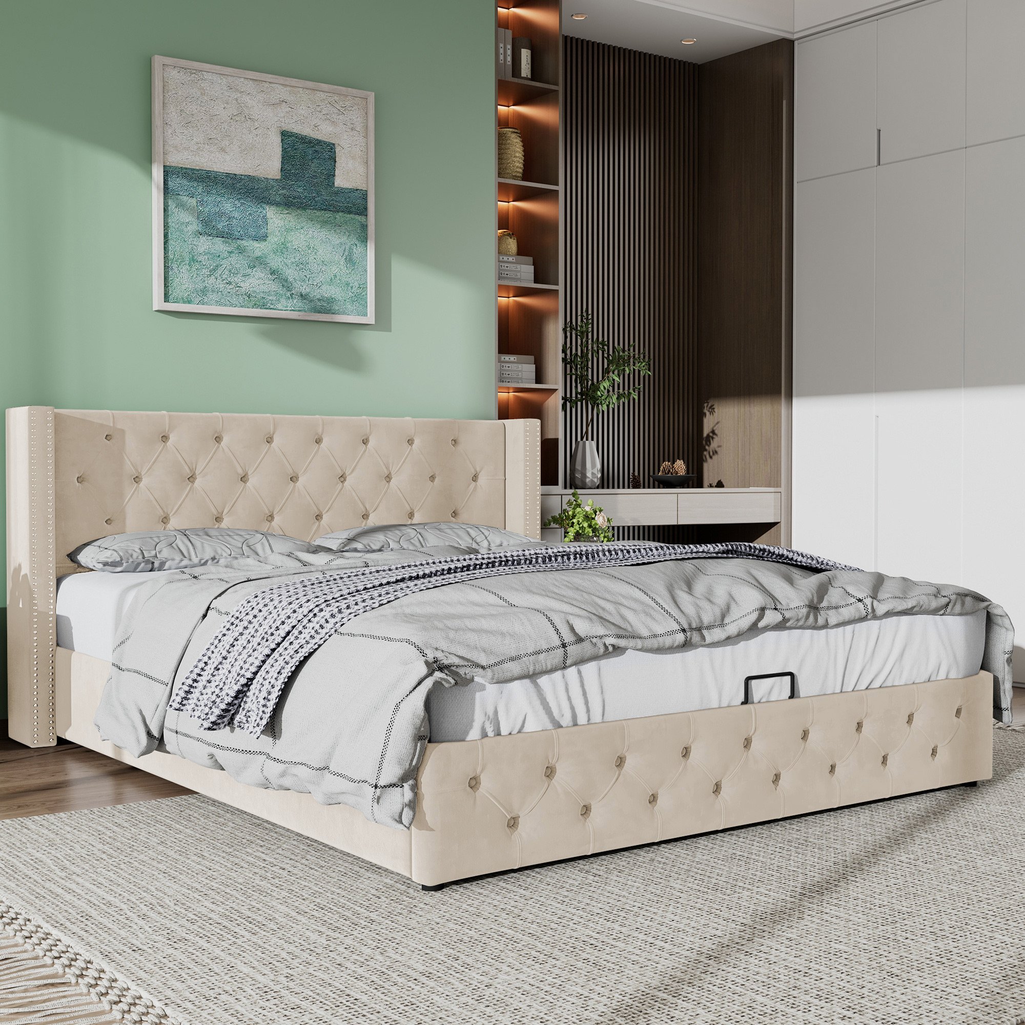 Lit rembourré 140x190 style Chesterfield en velours, lit coffre avec levier hydraulique pour accès au rangement sous le matelas