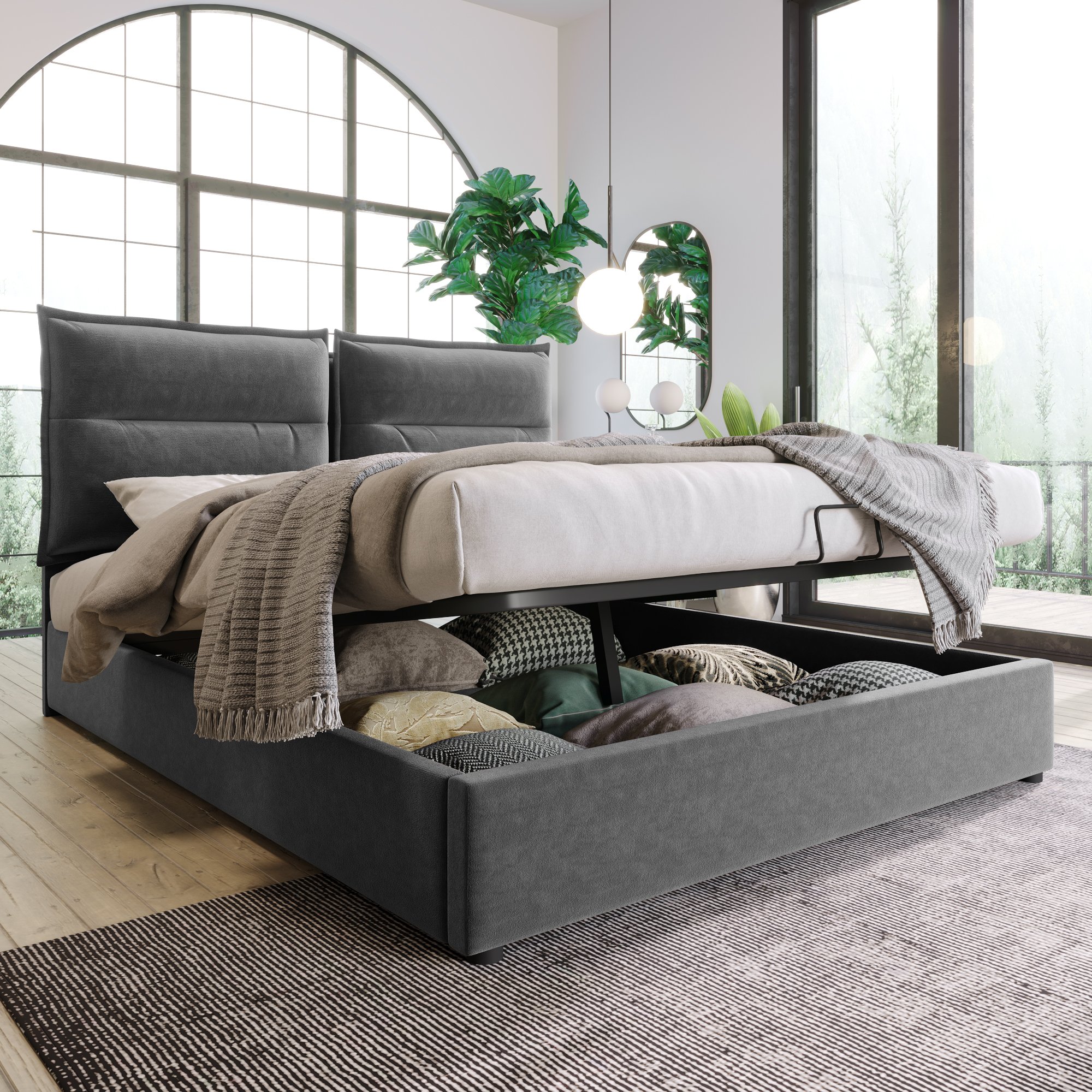lit coffre 140x200 en velours gris avec tête de lit réglable et rangement hydraulique, incluant matelas