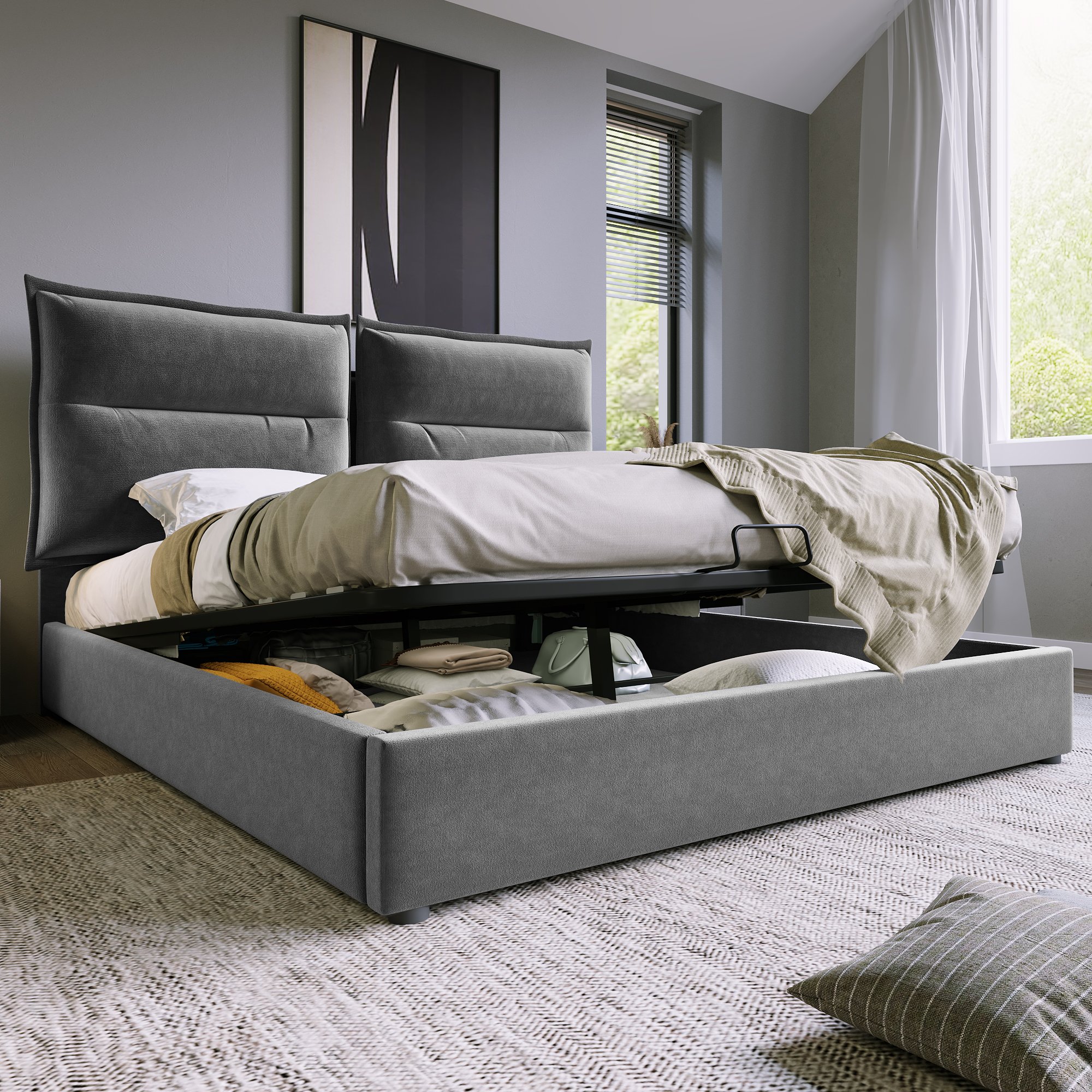 lit coffre double 140x200 gris velours avec tête de lit rembourrée ajustable et rangement hydraulique profond sans matelas