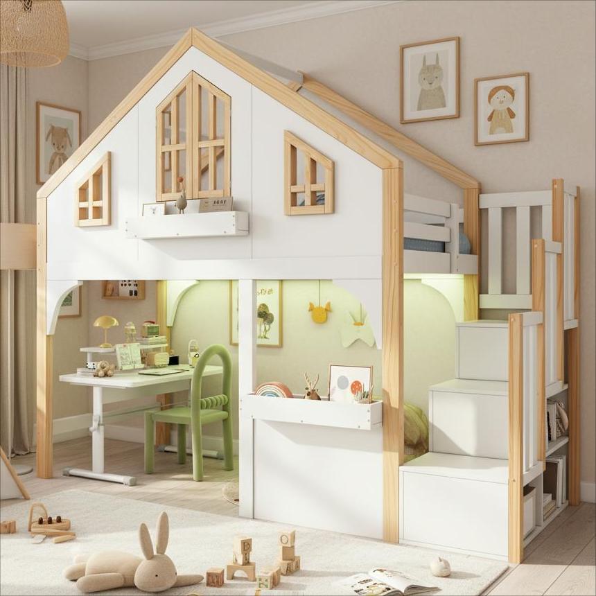 Lit superposé enfant 90x200 cm en bois de pin blanc avec escalier de rangement et bandeau LED intégré pour chambre d'enfant