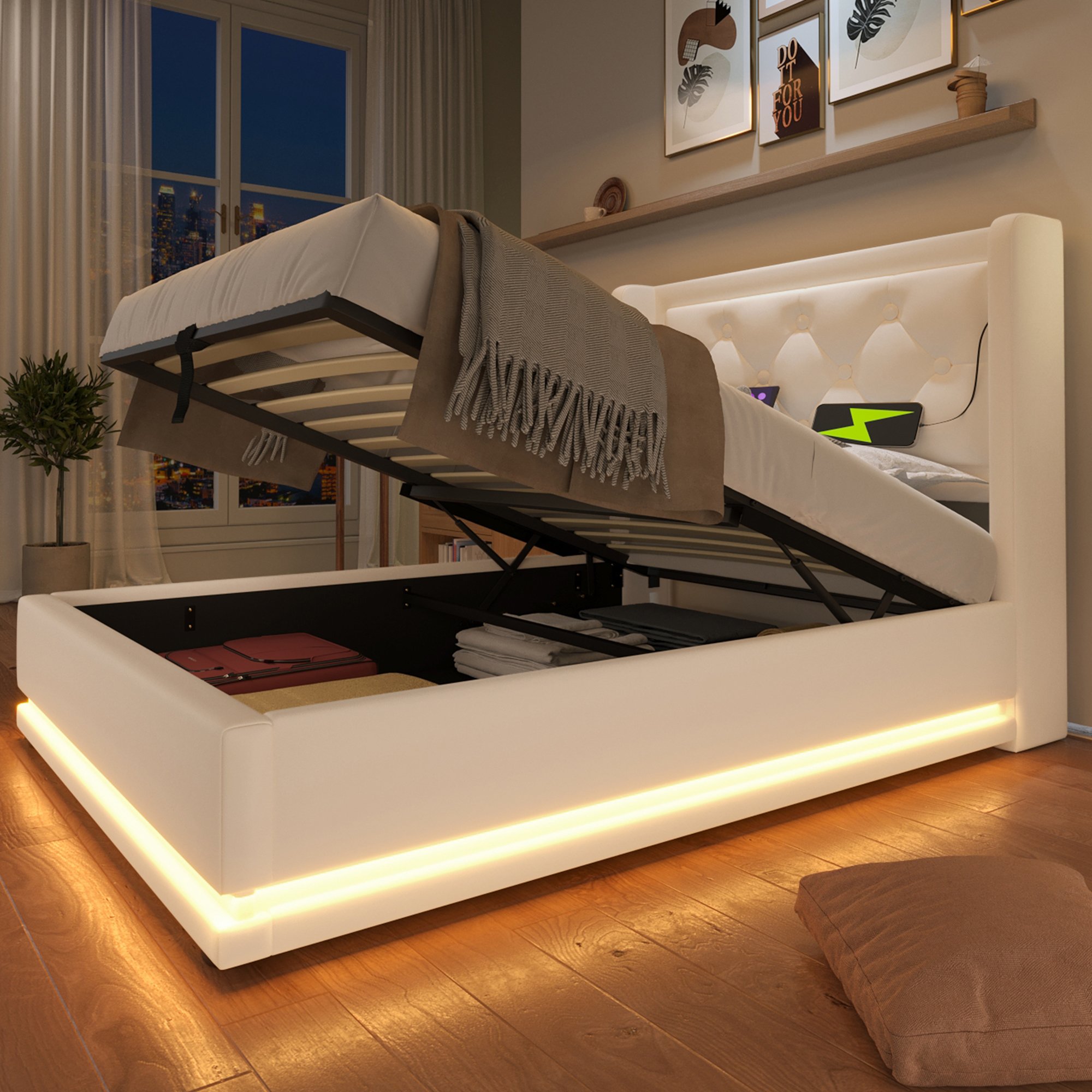 lit coffre 90x200 blanc avec LED 16 couleurs, ports USB Type-C et rangement hydraulique sous le couchage