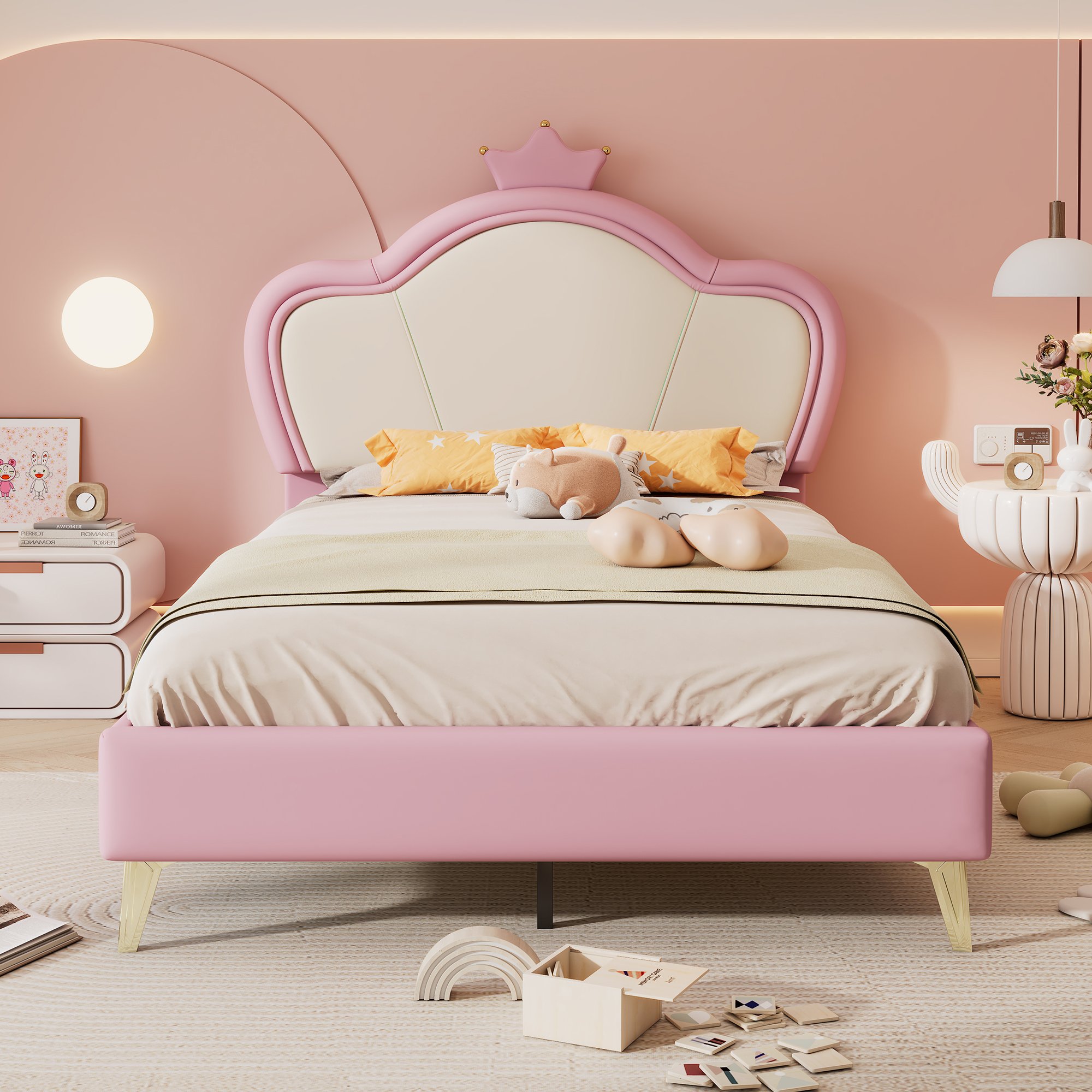 Lit enfant 90x200 avec tête de lit couronne, protections, PU, rose et blanc