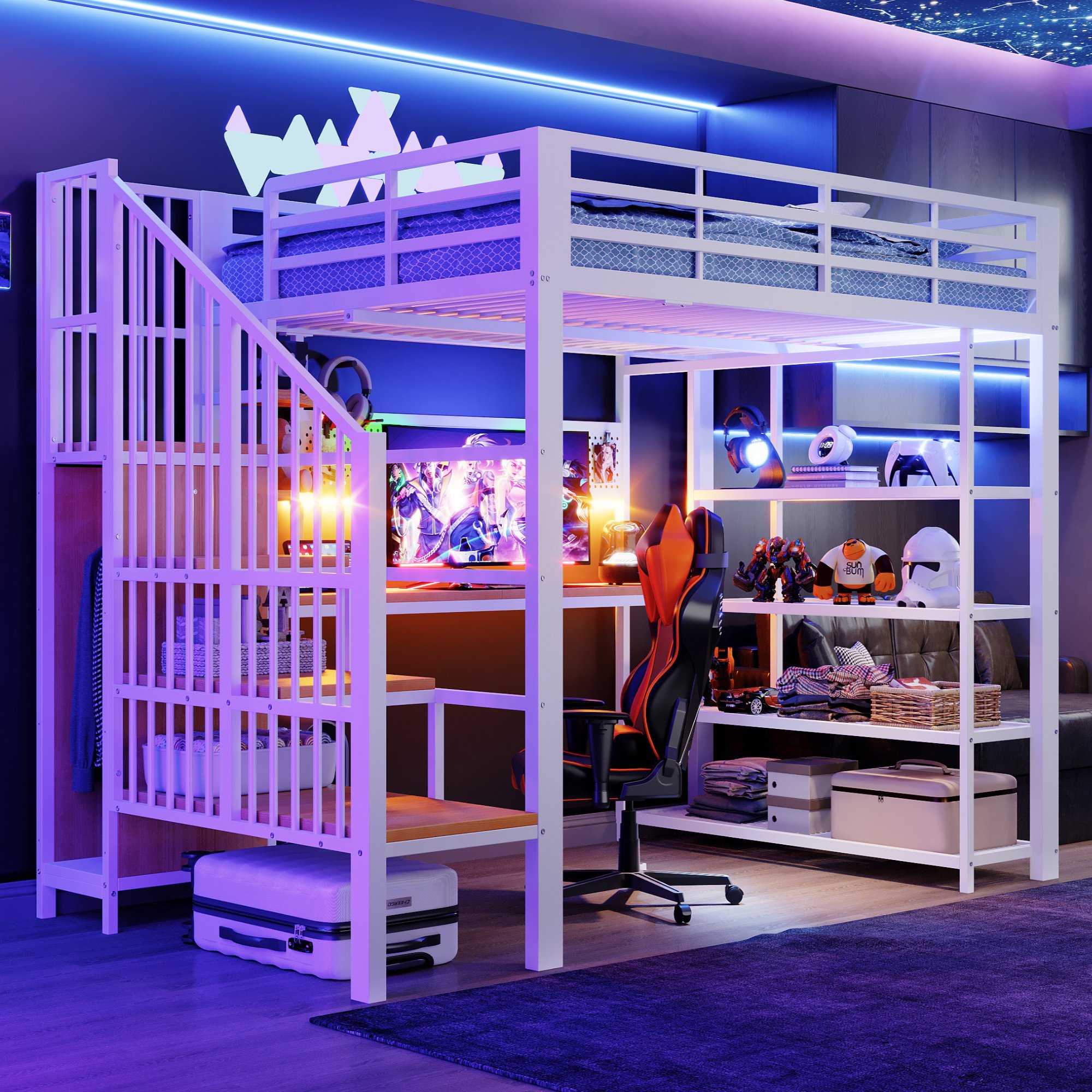 Lit mezzanine 140x200 blanc métal avec bureau, rangements, LED et prises intégrées