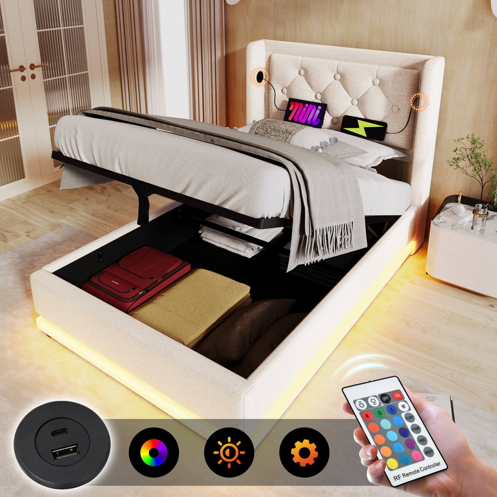 lit coffre 90x200 beige avec matelas ressorts ensachés, LED ambianciante et ports charge USB sur tête de lit capitonnée