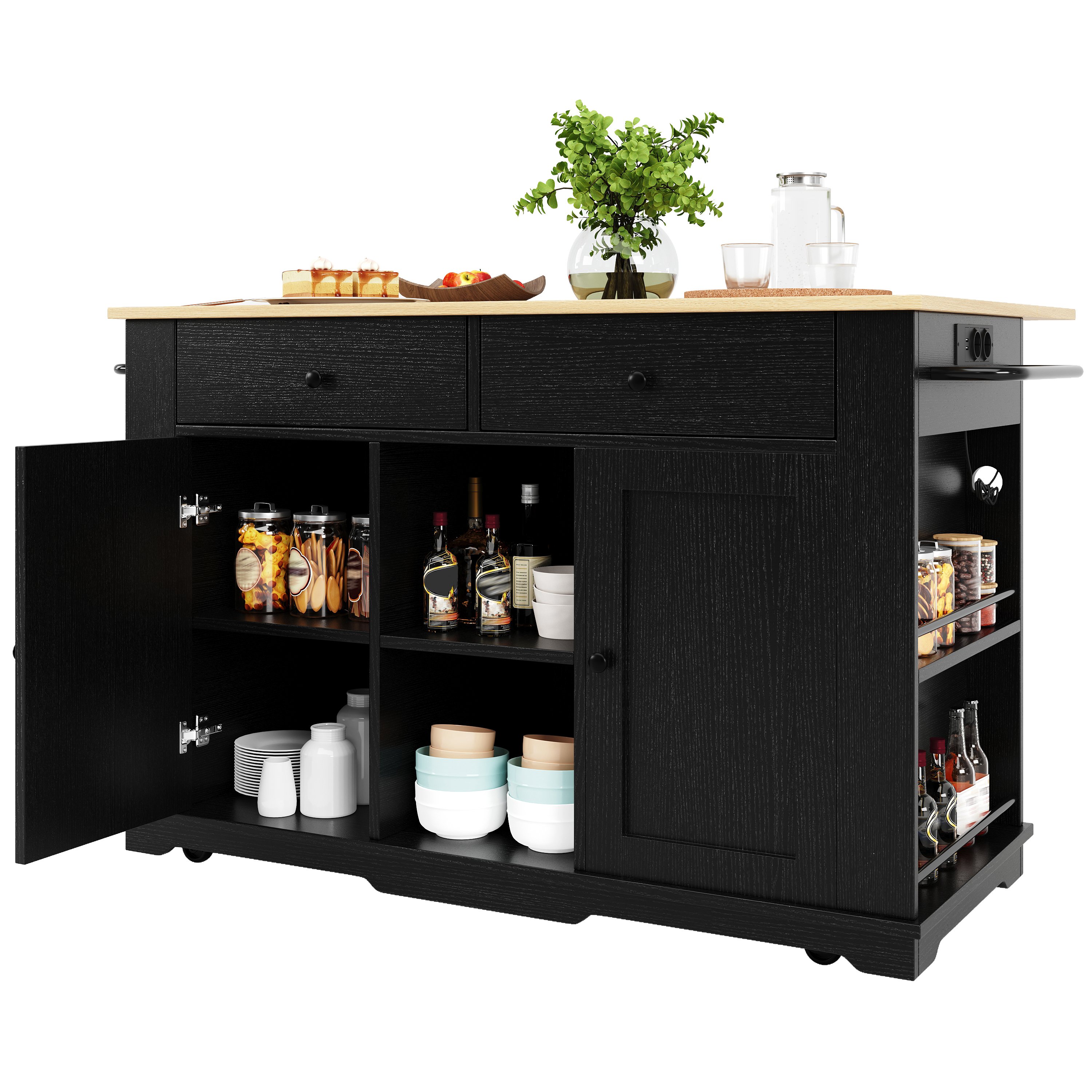 Îlot de cuisine en Panneau composite de fibres de bois à densité et métal, avec table pliante, prises électriques, rangements spacieux, noir et bois, 151,5 cm