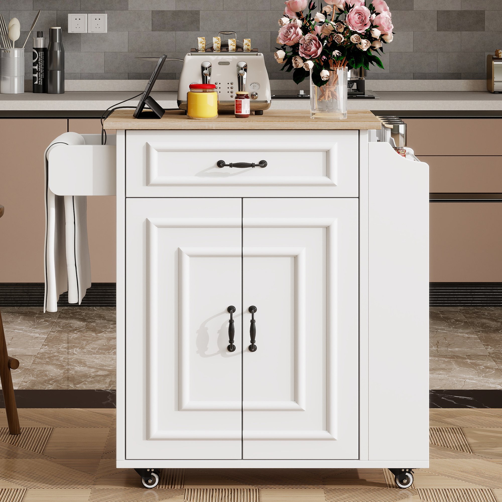 Îlot de cuisine en Panneau composite de fibres de bois à densité blanc avec plan de travail rabattable, étagère réglable, tiroir et placard, dimensions 66x38x86 cm