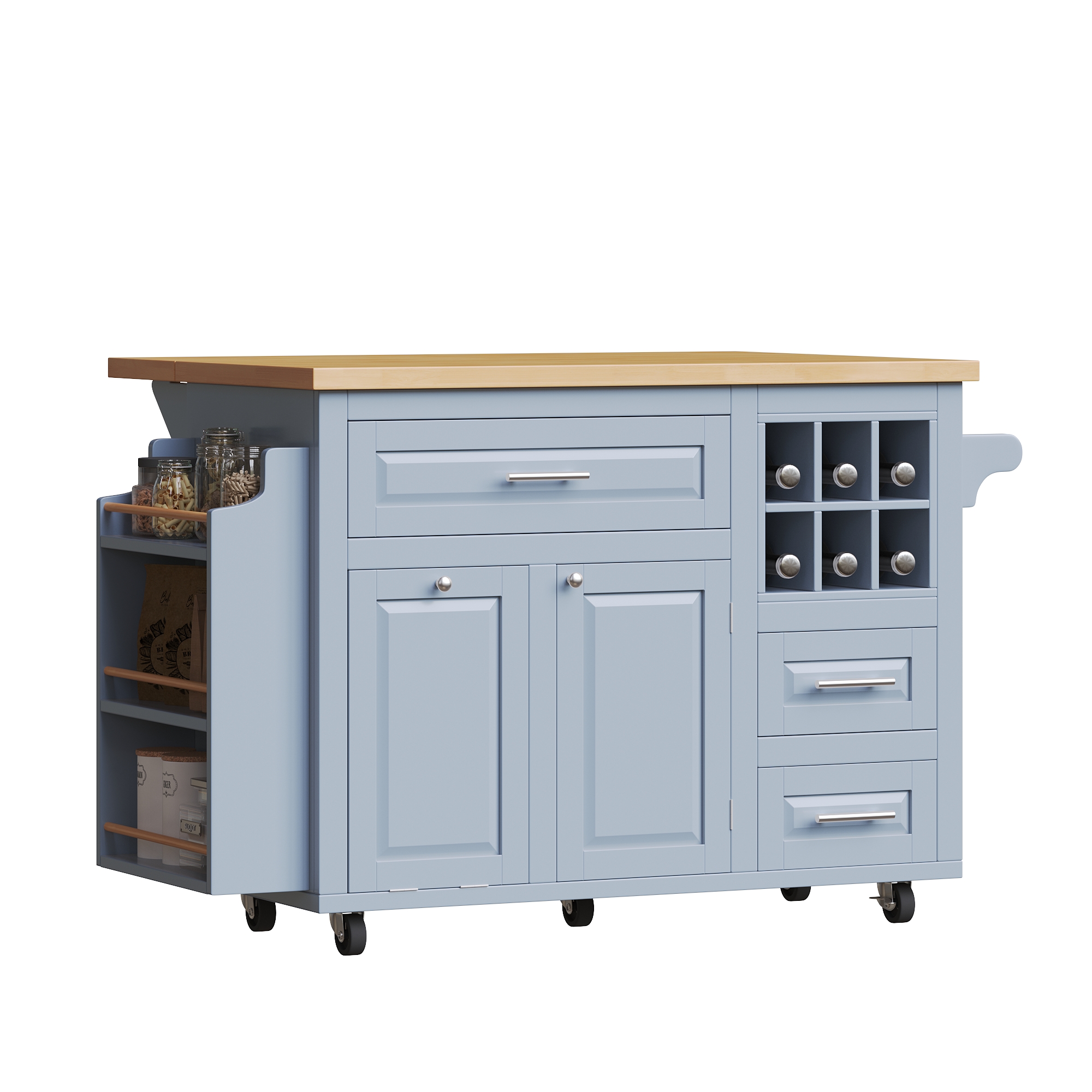 Îlot de cuisine bleu avec plan de travail rabattable, rangements, porte-bouteilles amovible et porte-snacks, sur roulettes
