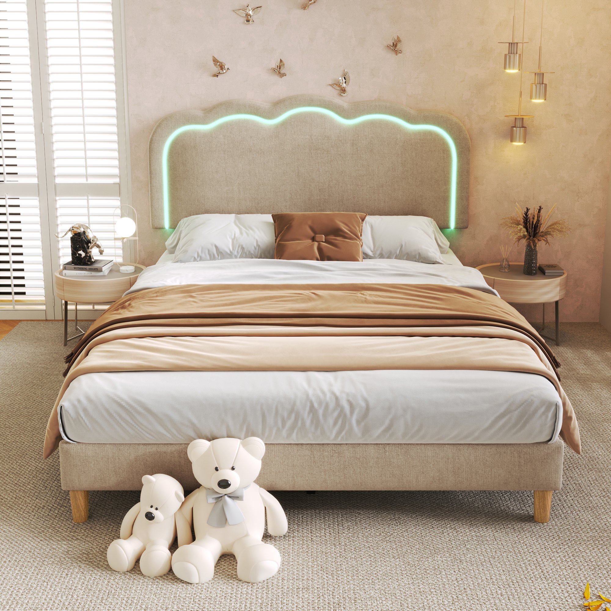 lit double rembourré 140x200 beige en lin, cadre avec sommier à lattes et tête de lit LED réglable