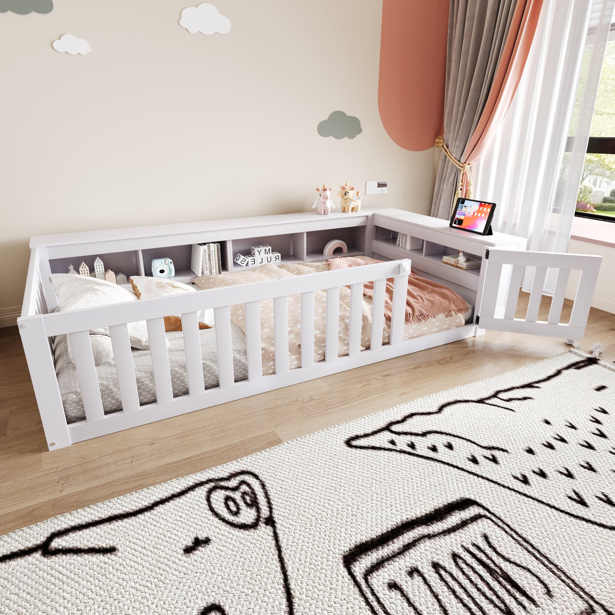 Lit enfant avec rangement, 90x200, en bois massif blanc, barrière de sécurité et sommier à lattes