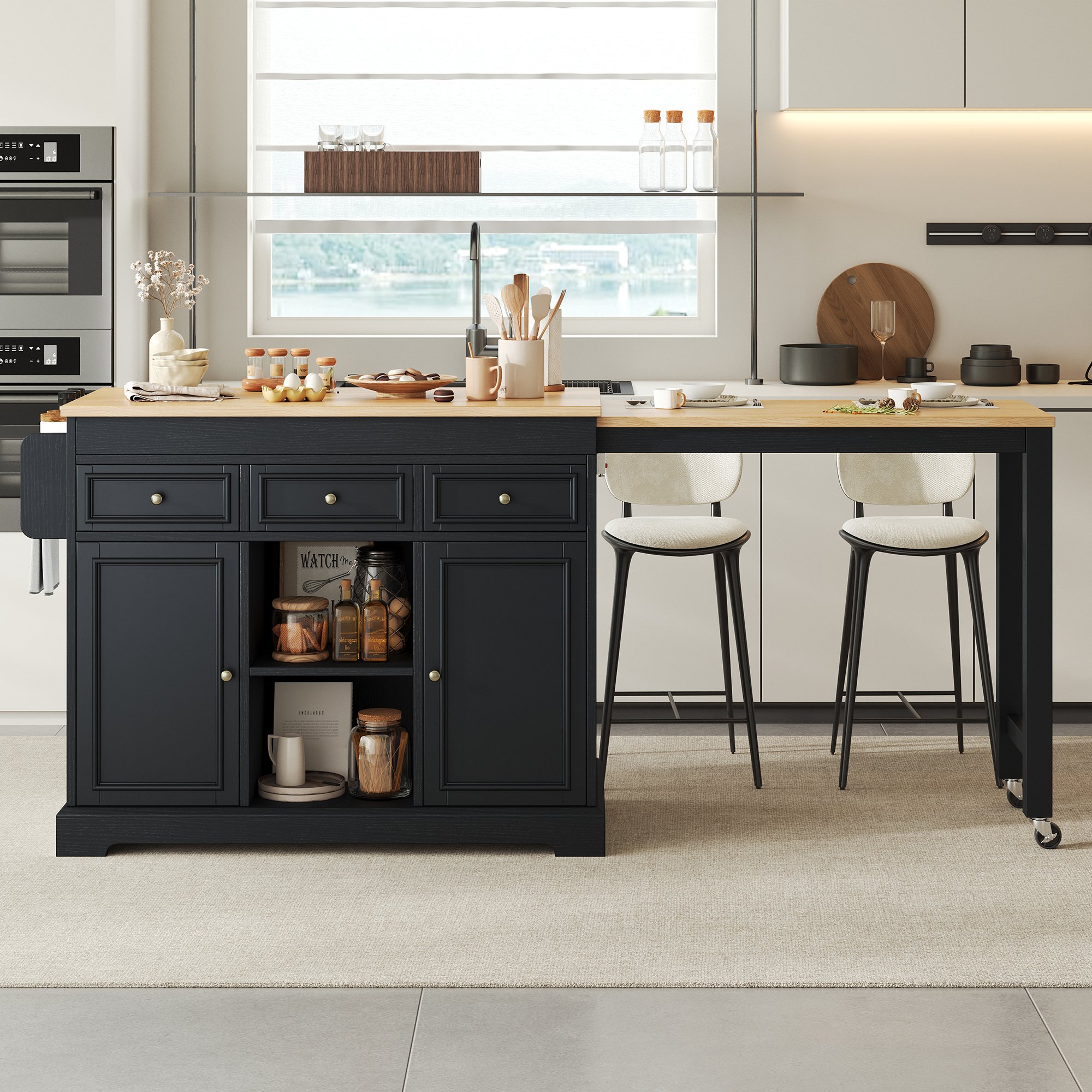 Îlot de cuisine en Panneau composite de fibres de bois à densité et panneaux de particules, avec tiroirs et étagère à épices, plan de travail extensible, noir et naturel