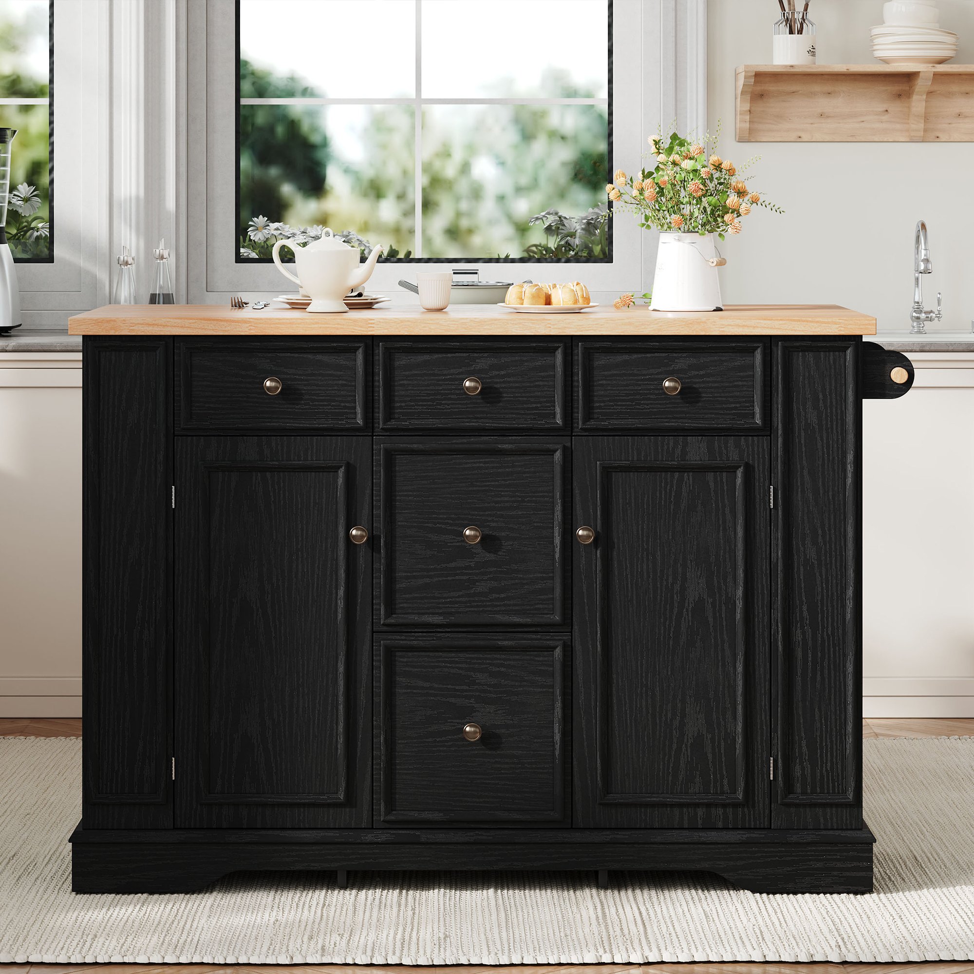 Îlot central noir avec rangement, plan de travail extensible, prises et USB, en Panneau composite de fibres de bois à densité, 130,5 x 40-65 x 92 cm, pour cuisine