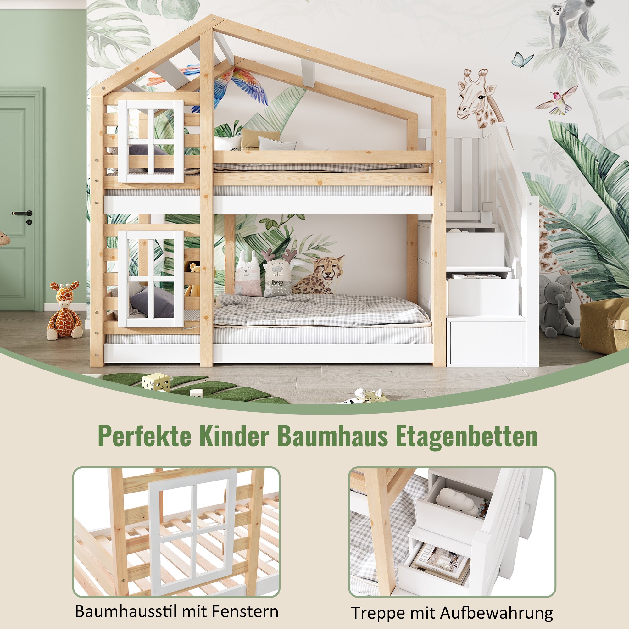 lit superposé enfant 90x200 en pin massif et Panneau composite de fibres de bois à densité blanc avec rangement intégré et échelle de sécurité certifiée EN 747-1